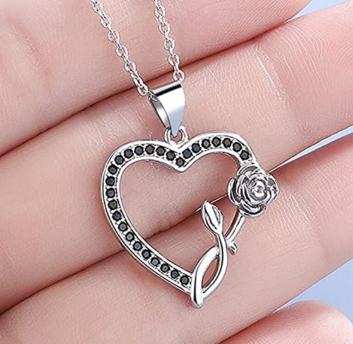 Sparkling Black Crystal Heart Necklace with Single Rose - Elegant Valentine's Gift for Her, Anniversary Jewelry, Romantic Date Night Accessory