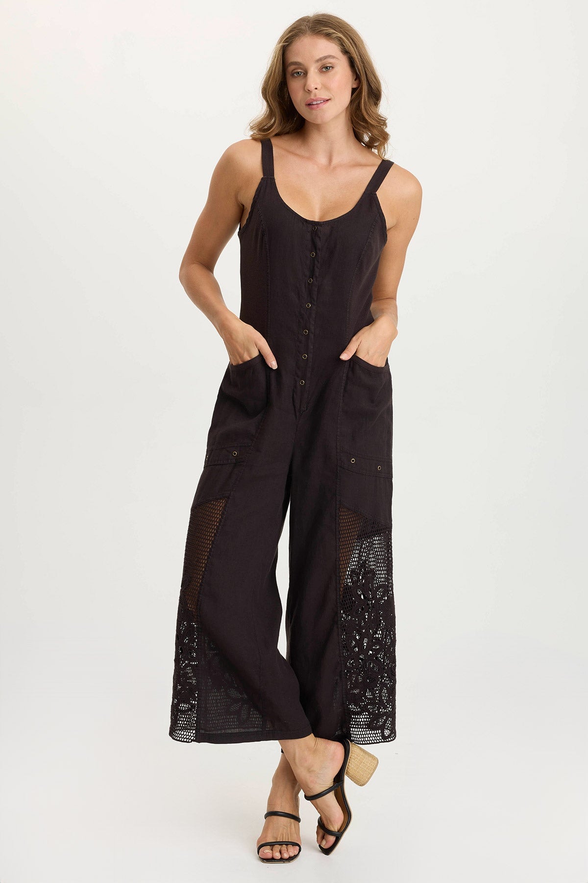 Nairi Women's Linen Crochet Mesh Contrast Jumpsuit - Summer Boho Chic Romper for Beach Vacation, Music Festival & Date Night Outfits