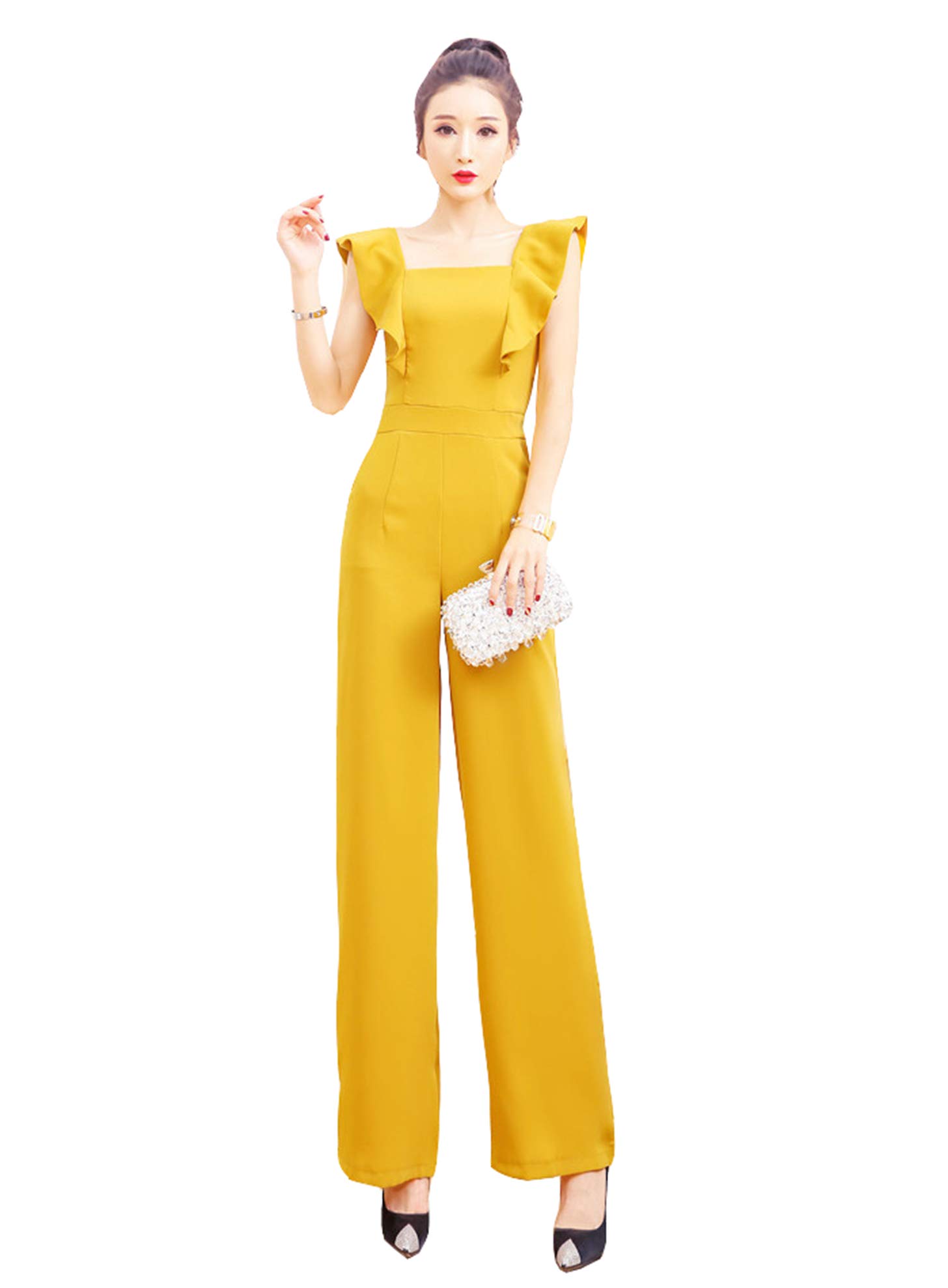 Honeydress Women's Lotus Leaf Sleeve Prom Dress Jumpsuit - Square Neck Long Formal Evening Gown for Homecoming, Wedding Guest & Special Occasions