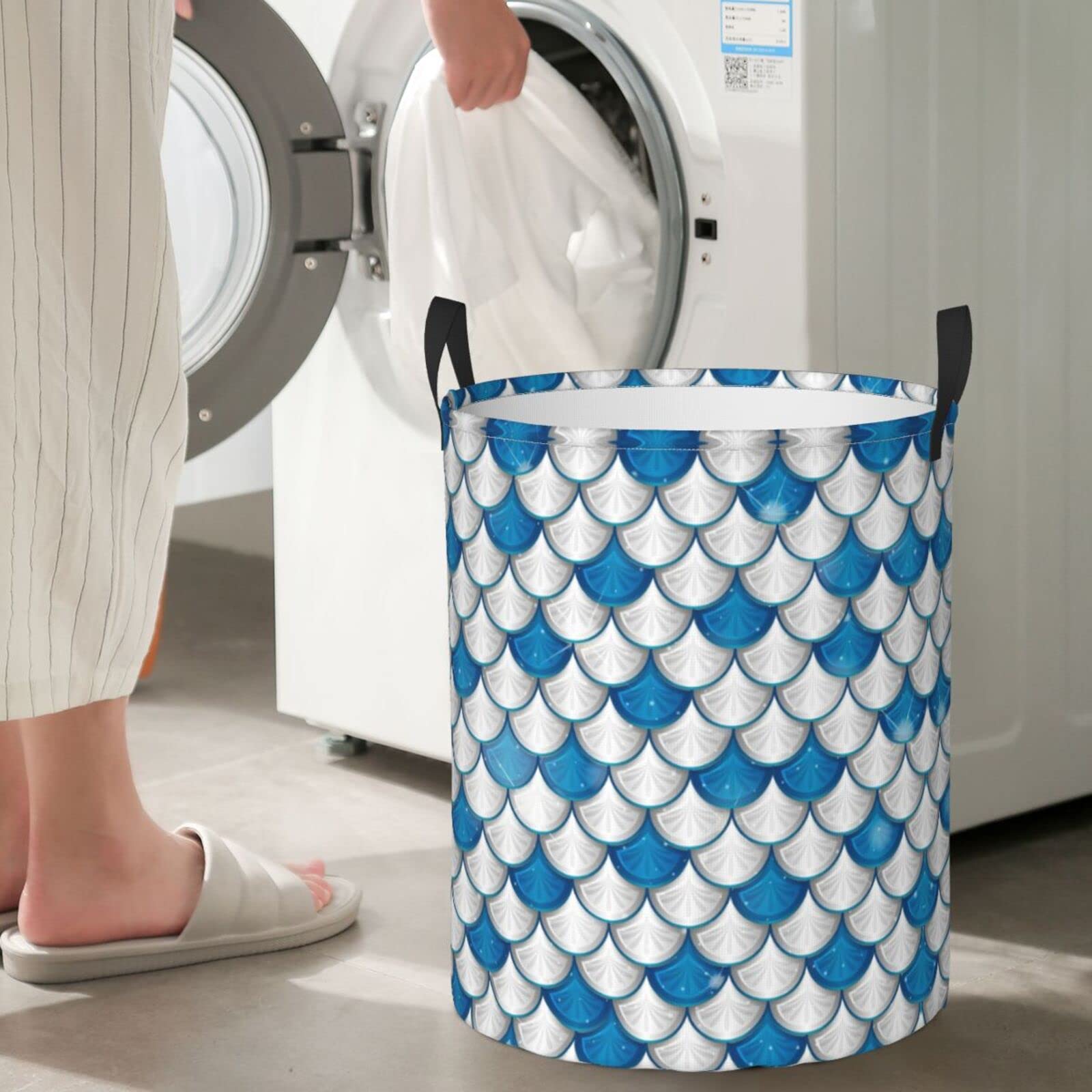 Mermaid Collapsible Laundry Hamper with Handles - Foldable Clothes Basket for Bedroom, Bathroom & Nursery - Blue Storage Organizer for Dirty Laundry, Toys & Household Items - Easy Carry & Space Saving Design