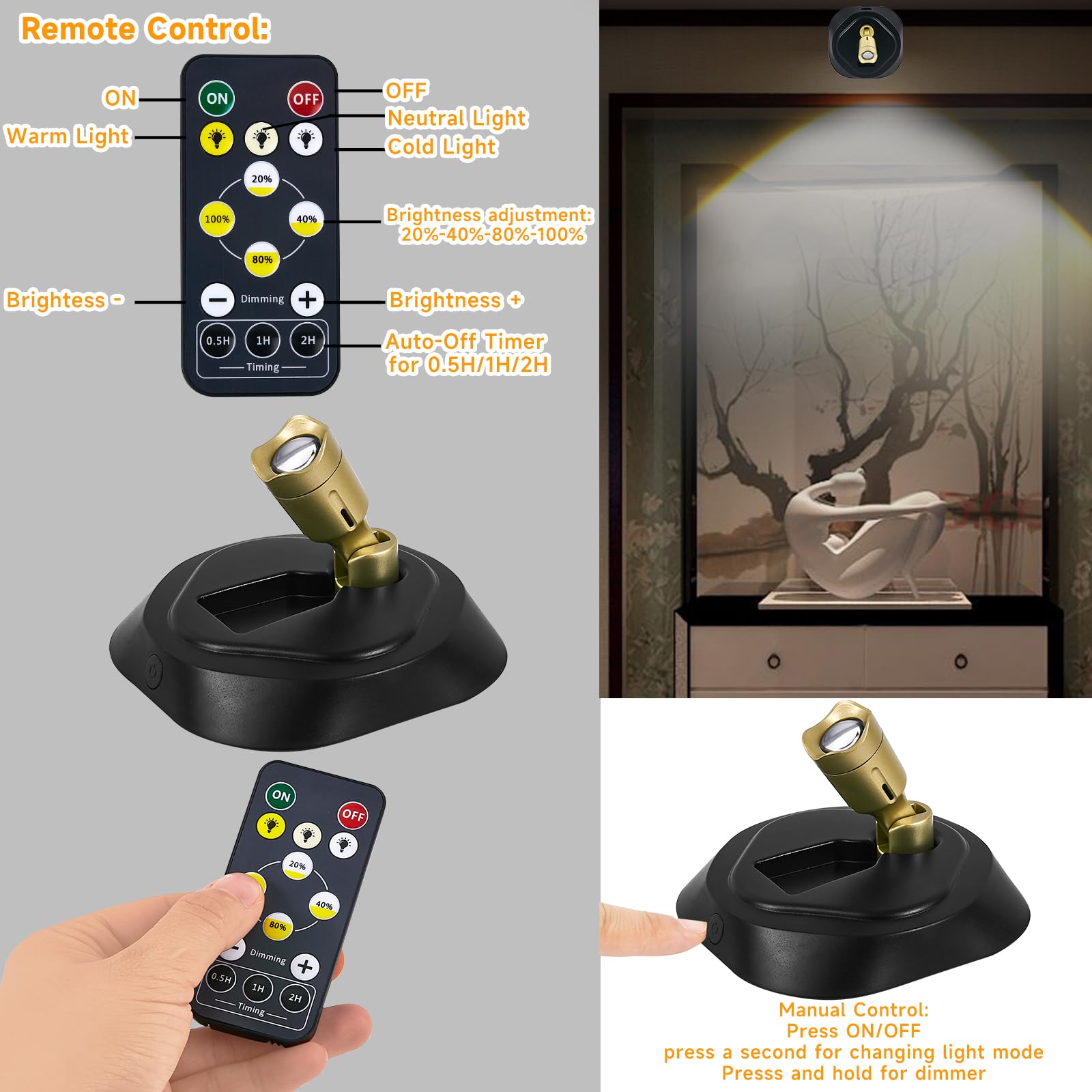 2 Pack LED Spotlight with Remote Control - Rechargeable Battery Operated Wall Lights for Paintings, Dimmable Puck Light with Timer & 3CTT - Perfect for Art Galleries, Home Decor, and Picture Display