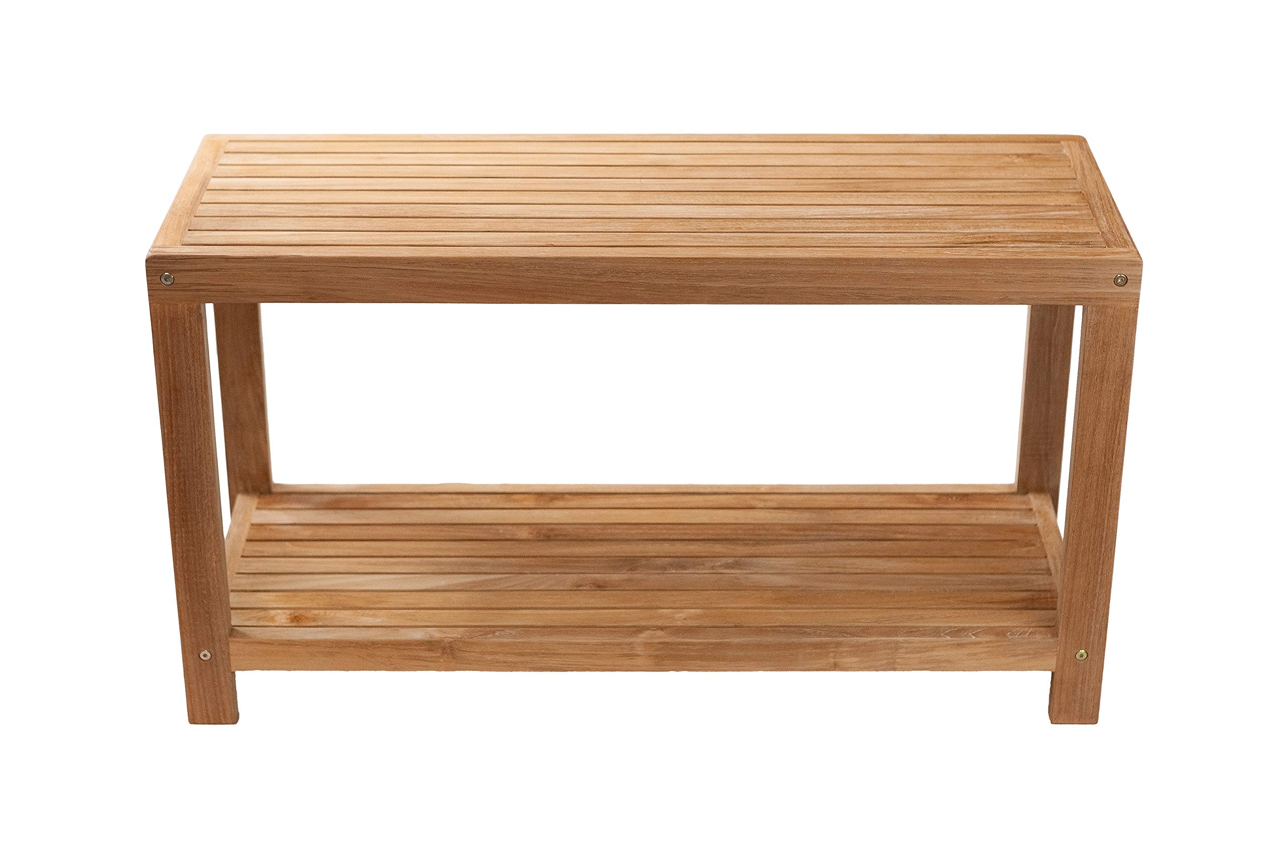 Premium Nordic Style Teak Wood Shower Stool & Spa Bench with Storage Shelf | Indoor/Outdoor Waterproof Teakwood Bath Seat | Natural Finish 35