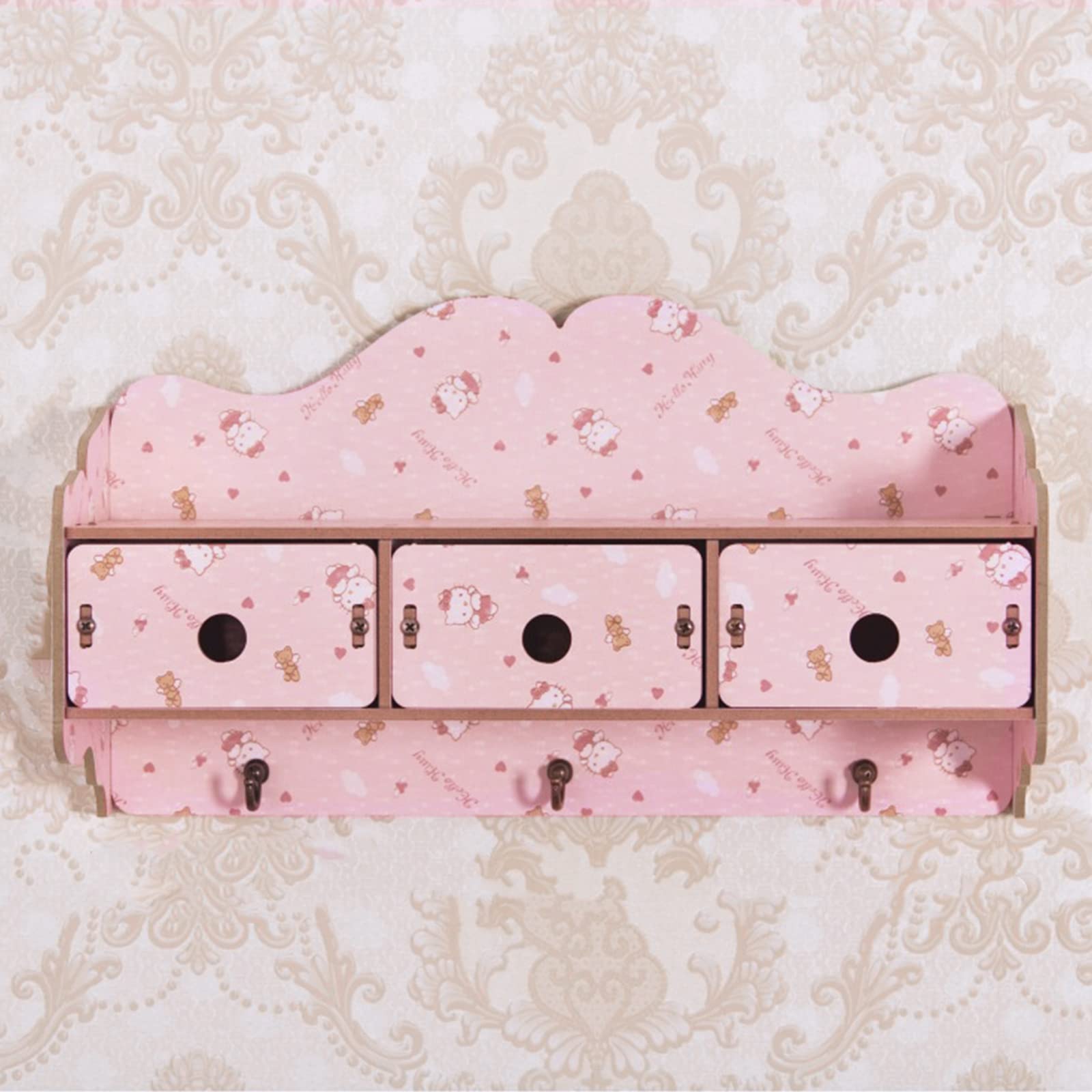 Pink Wooden Wall Shelf with Hooks & 3 Drawers - Kitchen, Bedroom Storage