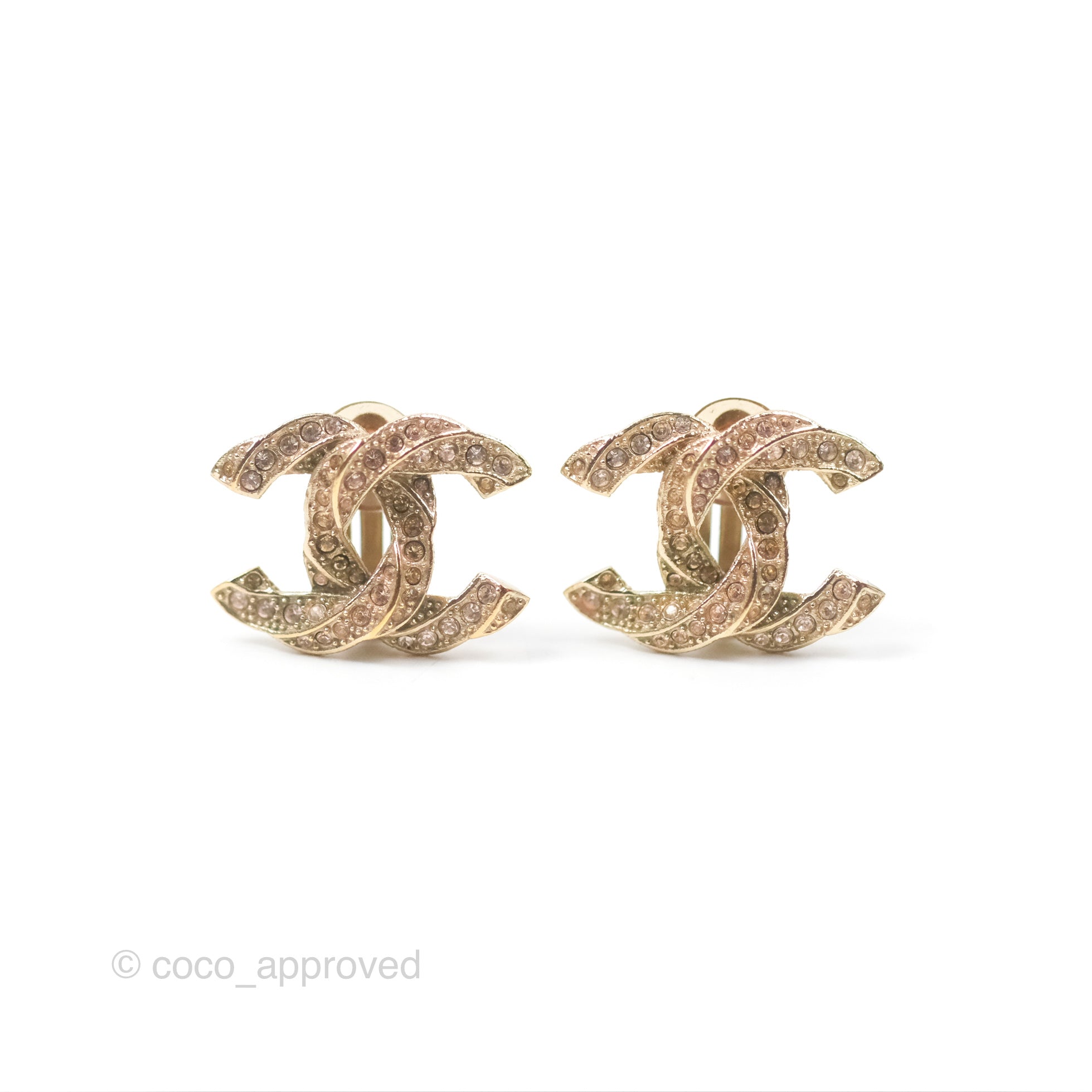 Chanel CC Pink Crystal Ear Clips Gold Tone 16C - Elegant Fashion Jewelry for Women, Perfect for Parties, Weddings & Special Occasions