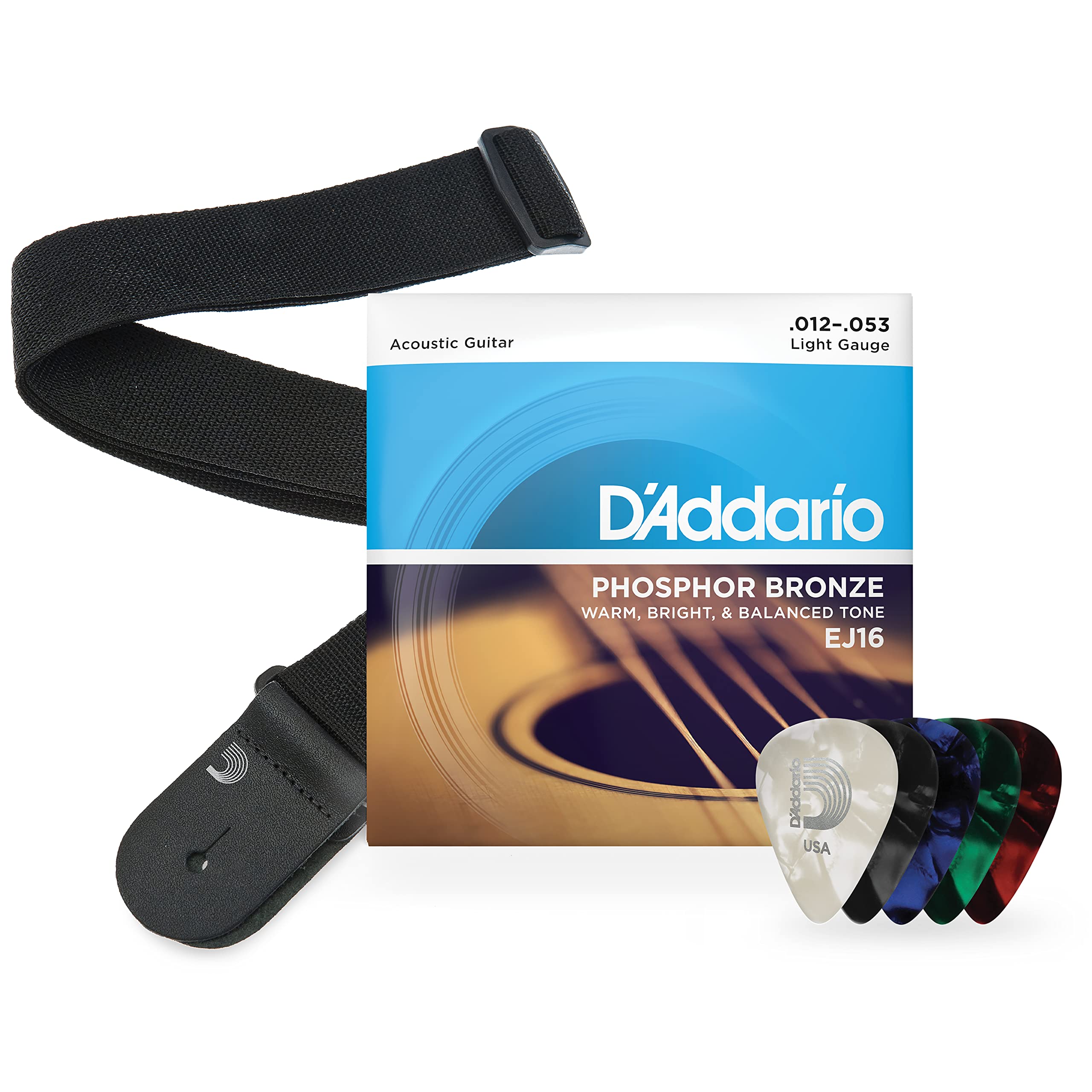 D'Addario Acoustic Guitar Strings & Accessories Kit - EJ16 Phosphor Bronze 12-53 Light Strings, Black Poly Pro Strap, 10-Pack Medium Celluloid Picks - Perfect for Beginners & Practice Sessions