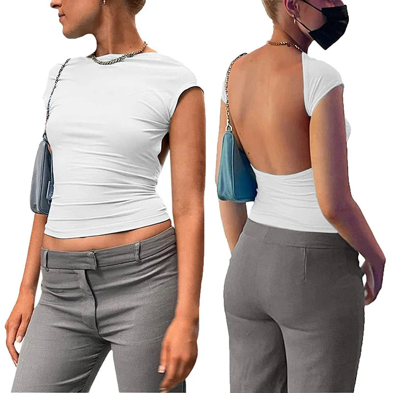 Sexy Black Backless Crop Top for Women - Short Sleeve Solid O-Neck Slim Fit T-Shirt | Summer Clubwear, Casual Streetwear, Night Out & Party Outfits