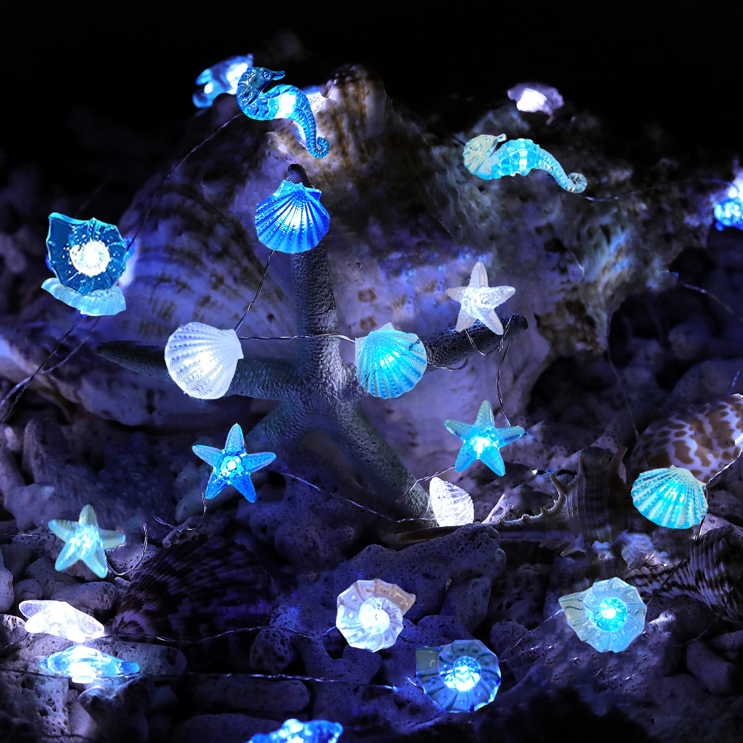 Seahorse Starfish Fairy String Lights - 20FT 60LED USB Battery Powered for Bedroom Christmas Decor