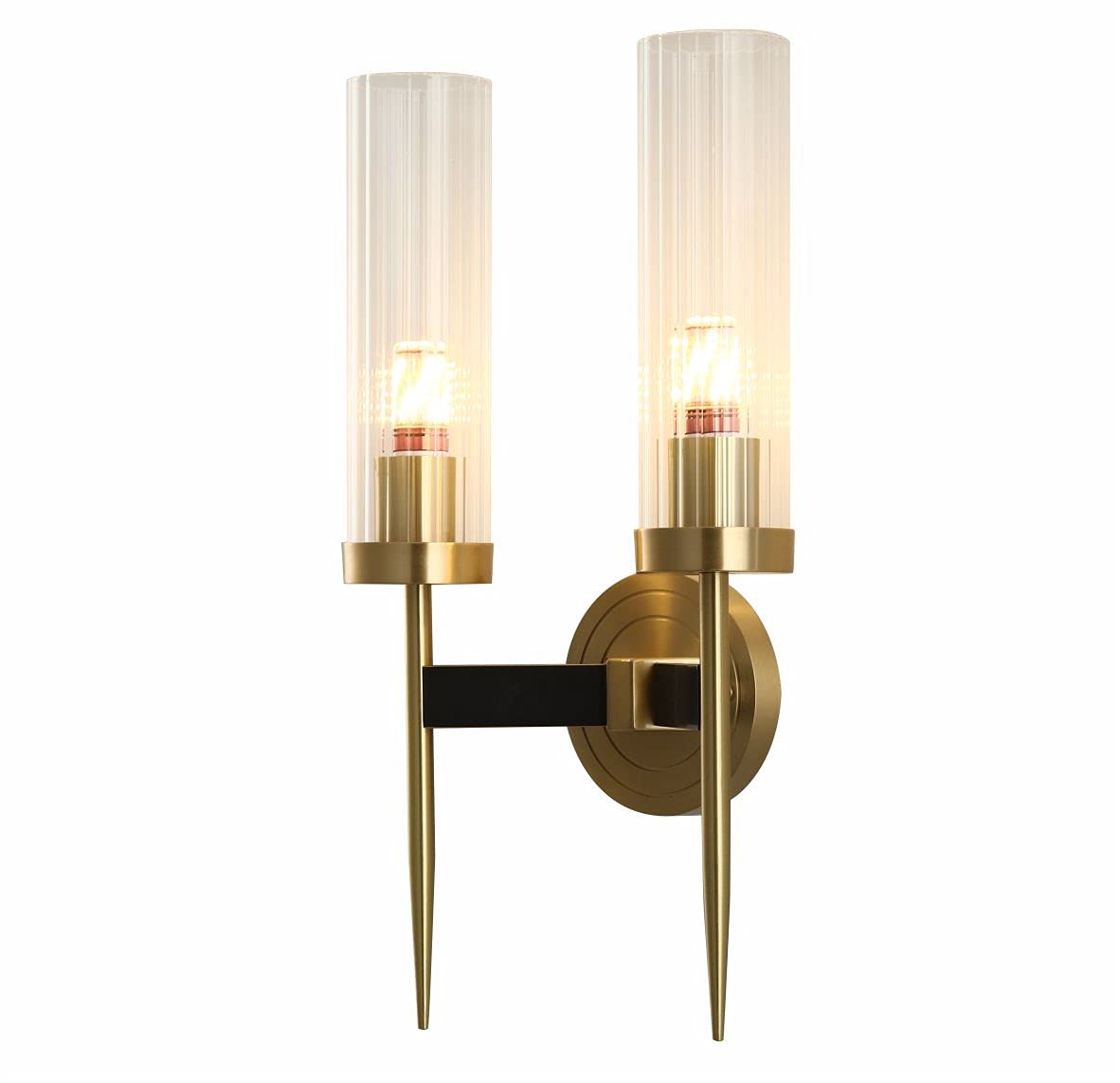 BOKT Mid-Century Modern 2-Light Crystal Wall Sconce - Brushed Brass Gold Finish, Clear Cylinder Glass Shade - Perfect for Bedroom, Hallway & Living Room Lighting
