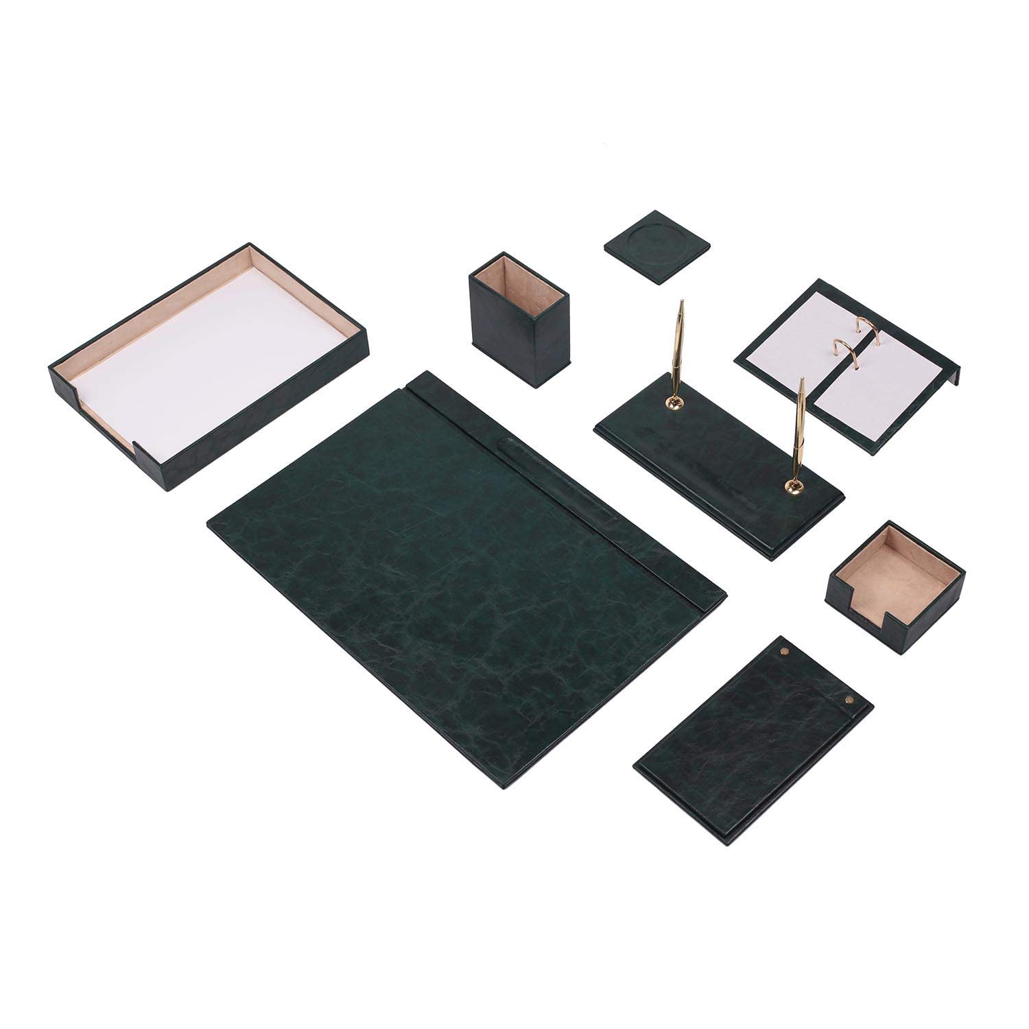 Premium Bonded Leather Desk Organizer Set - 10-Piece Office Desk Accessories with Document Tray | Green Leather Desk Supplies for Home & Office Organization | Perfect for Professionals, Students & Remote Workers