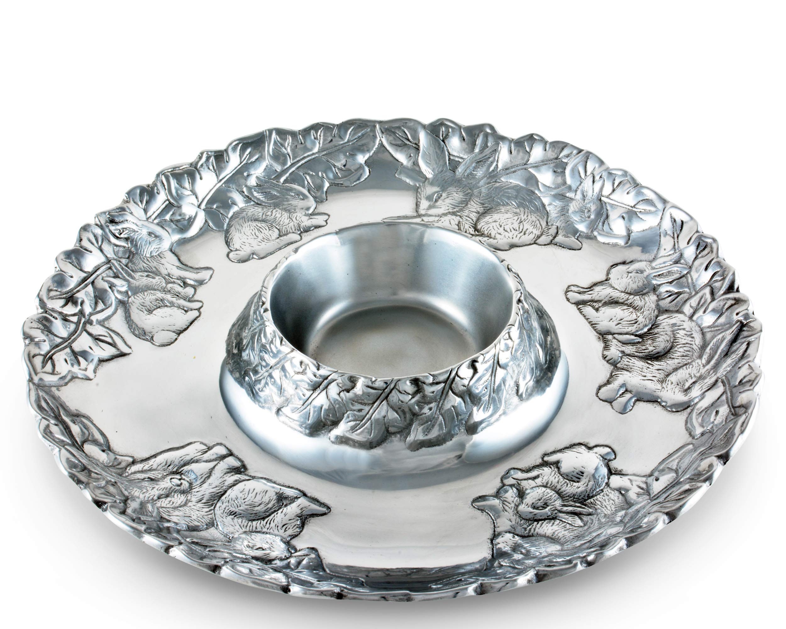 Arthur Court Designs 14-inch Aluminum Bunny Pattern Easter Chip and Dip Platter – Hand-Polished Sand Casted Metal Serving Tray, Tarnish-Free Artisan Quality – Perfect for Easter Celebrations, Holiday Parties & Spring Gatherings