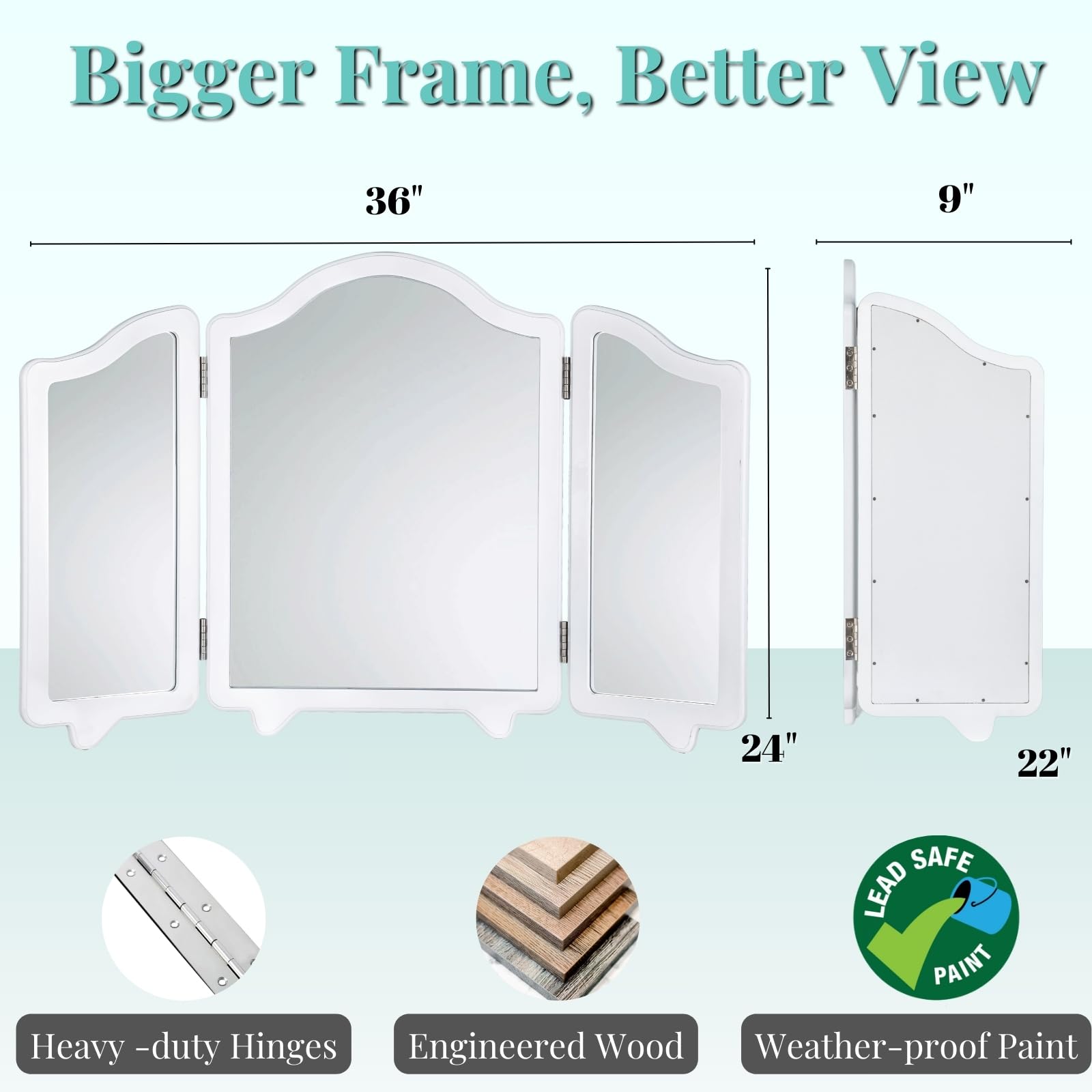 LUXFURNI Hollywood Vanity Mirror - Large 3-Side Folding Makeup Mirror with Lights, Adjustable Tabletop Mirror for Dressing Room & Bathroom (White) - Perfect for Makeup Application, Hairstyling & Skincare Routine