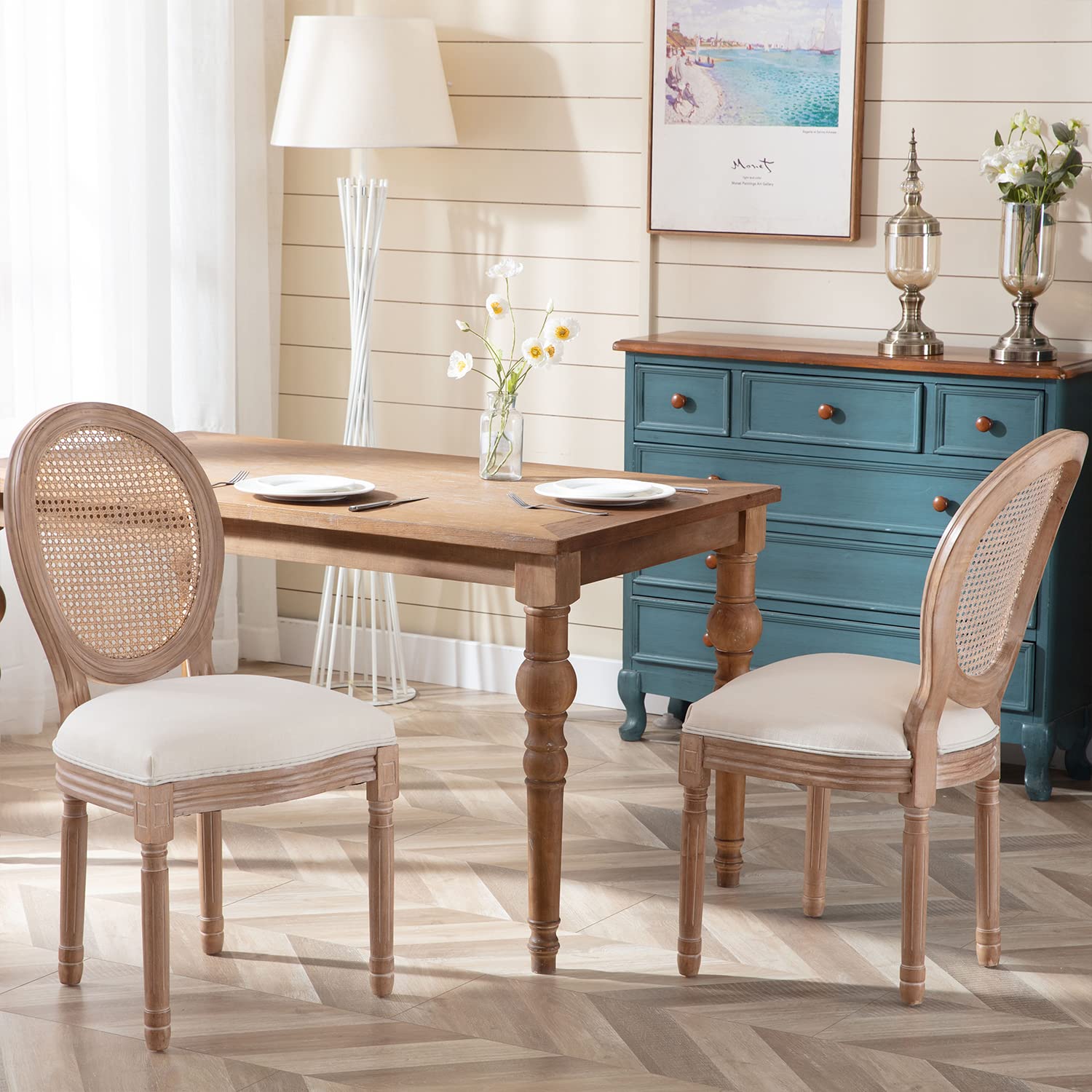 Kiztir French Country Dining Chairs Set of 4 - Farmhouse Style Upholstered Rattan Chairs with Round Backrest & Solid Wood Legs for Dining Room, Kitchen, Bedroom, Restaurant - Perfect for Farmhouse Decor, Casual Dining, and Entertaining Guests