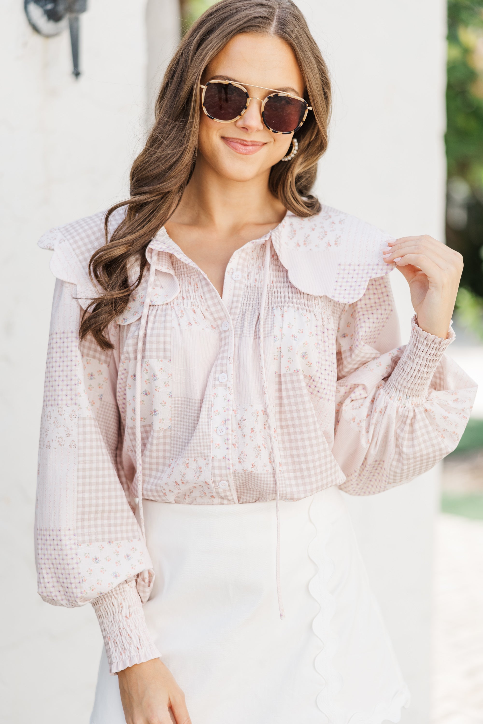 Aureum Sweet Stitches Blush Patchwork Blouse - Women's Vintage Floral Boho Shirt for Casual Outings & Date Nights
