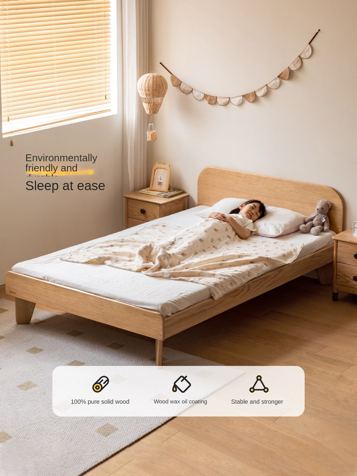Solid Oak Wood Kids Bed - Sturdy & Safe Toddler Bed Frame for Boys & Girls - Perfect for Nursery, Bedroom, or Playroom