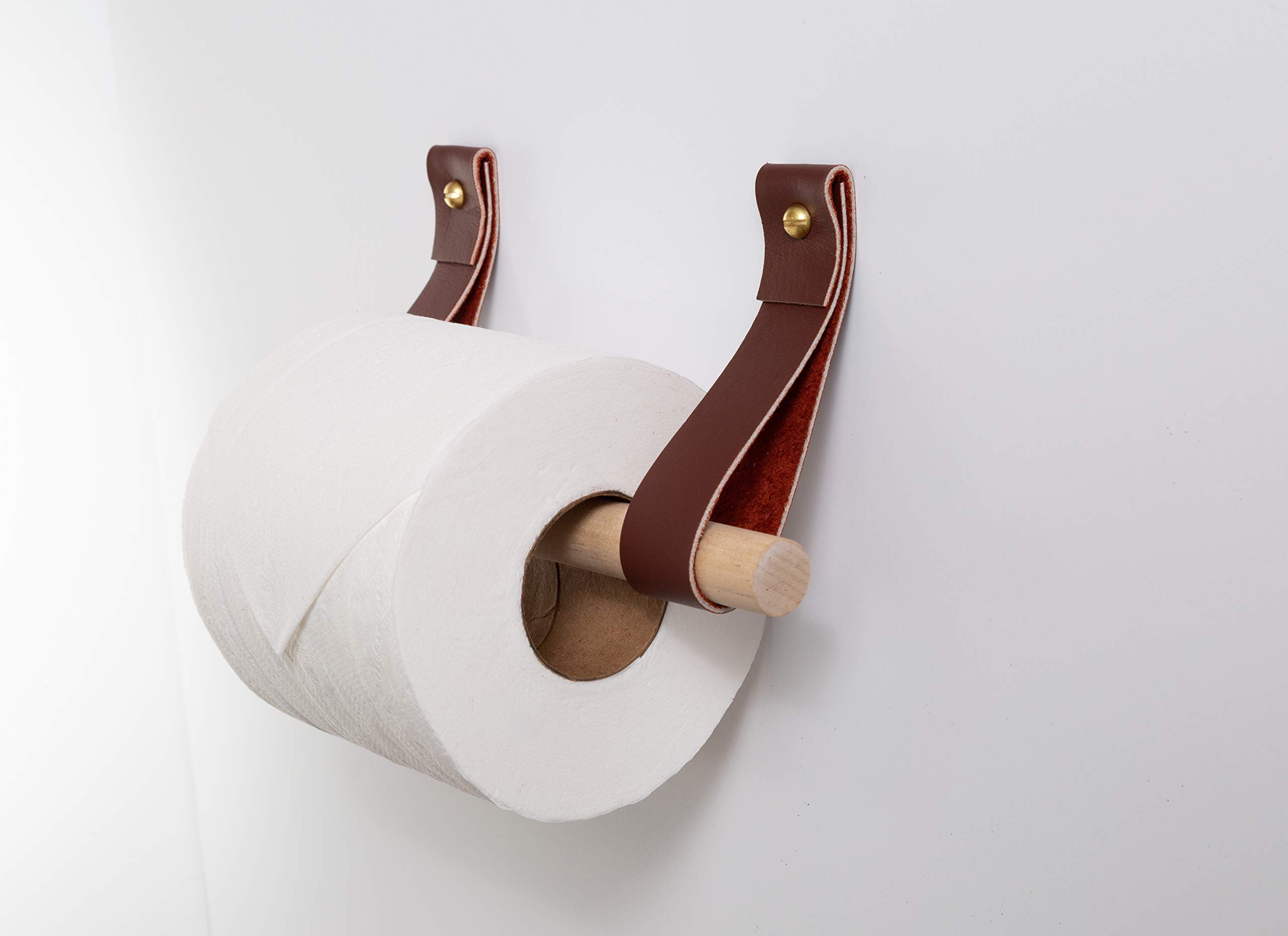 KEYAIIRA - Wall Mounted Toilet Paper Holder Kit with Leather Hooks & Wooden Dowel - Farmhouse Bathroom Decor, Scandinavian Style Bath Accessories - Perfect for Rustic, Modern, and Minimalist Bathroom Designs