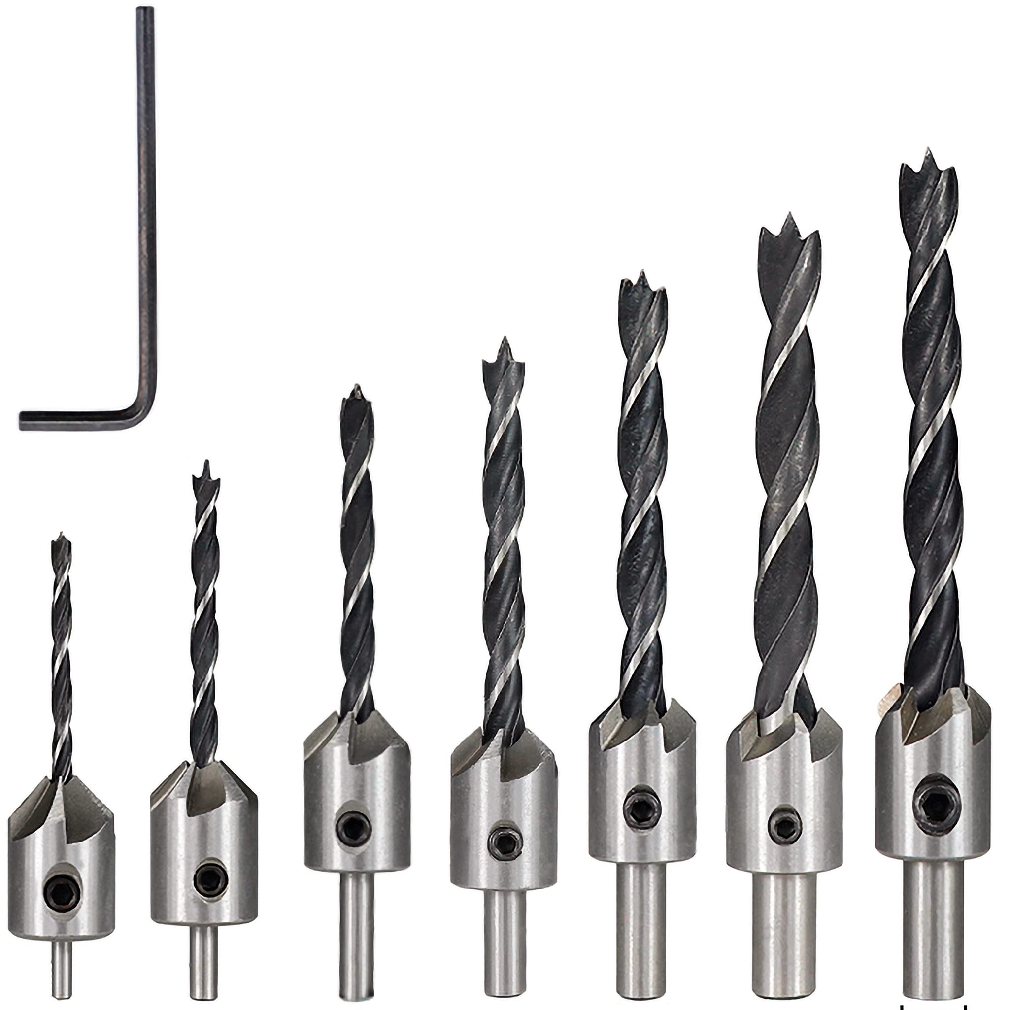 KEWAYO 7Pcs High-Speed Steel Countersink Drill Bit Set for Woodworking & Carpentry - Includes Free Hex Key Wrench - Perfect for DIY Projects, Furniture Making, and Cabinet Installation