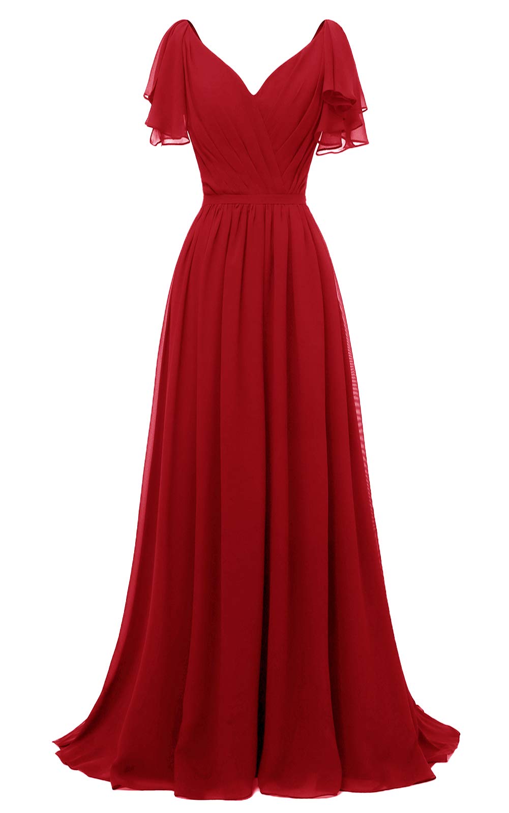 Yexinbridal Elegant Ruffle Sleeves Bridesmaid Dress - V-Neck Chiffon Long Formal Wedding Evening Gown for Bridal Party, Prom, and Special Occasions