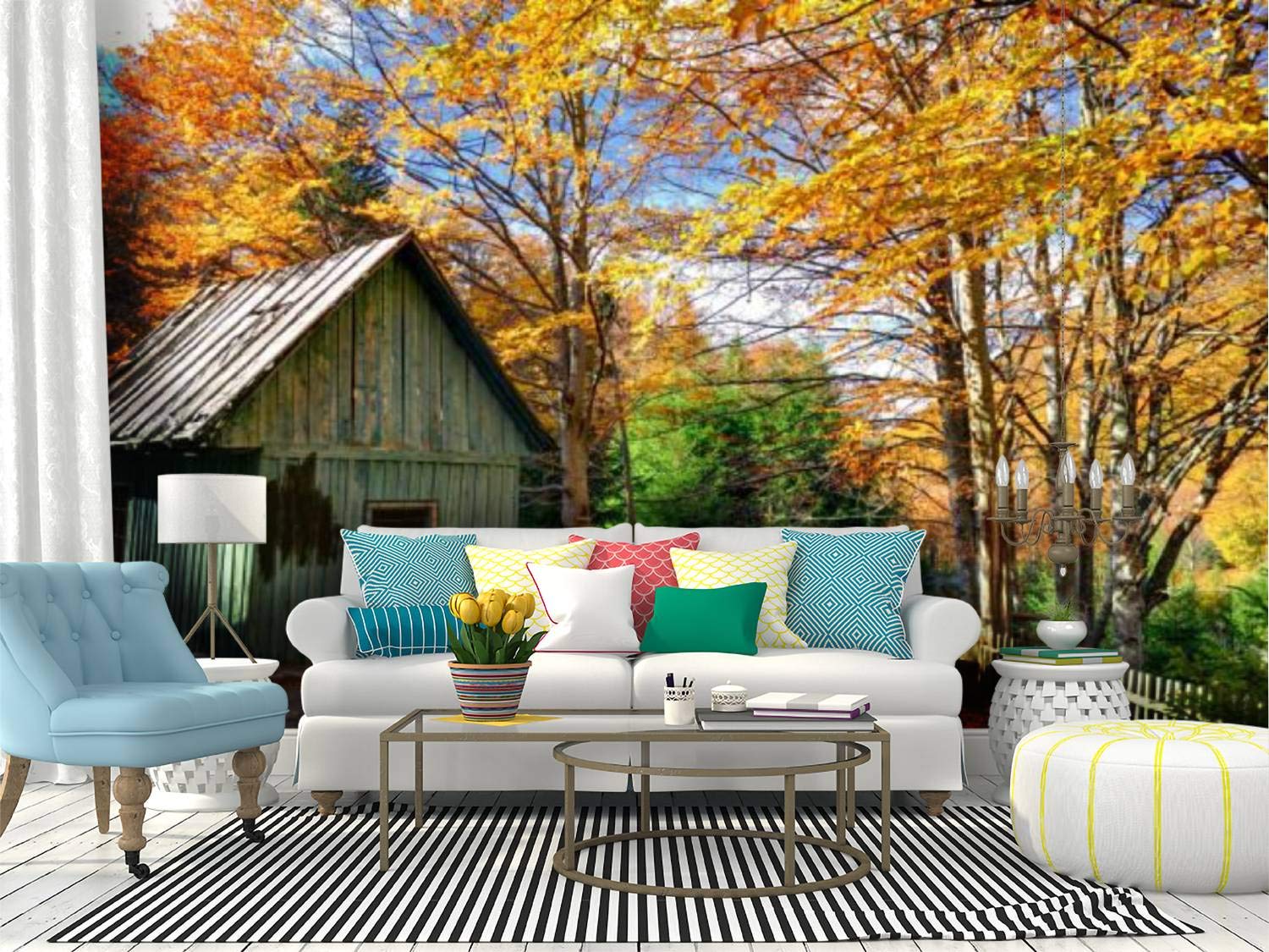 Peel and Stick Wallpaper - Autumn Forest Landscape with House & Tree Logs - Self-Adhesive Removable Vinyl Wall Mural for Home Decor | Perfect for Living Rooms, Bedrooms, and Nursery Walls
