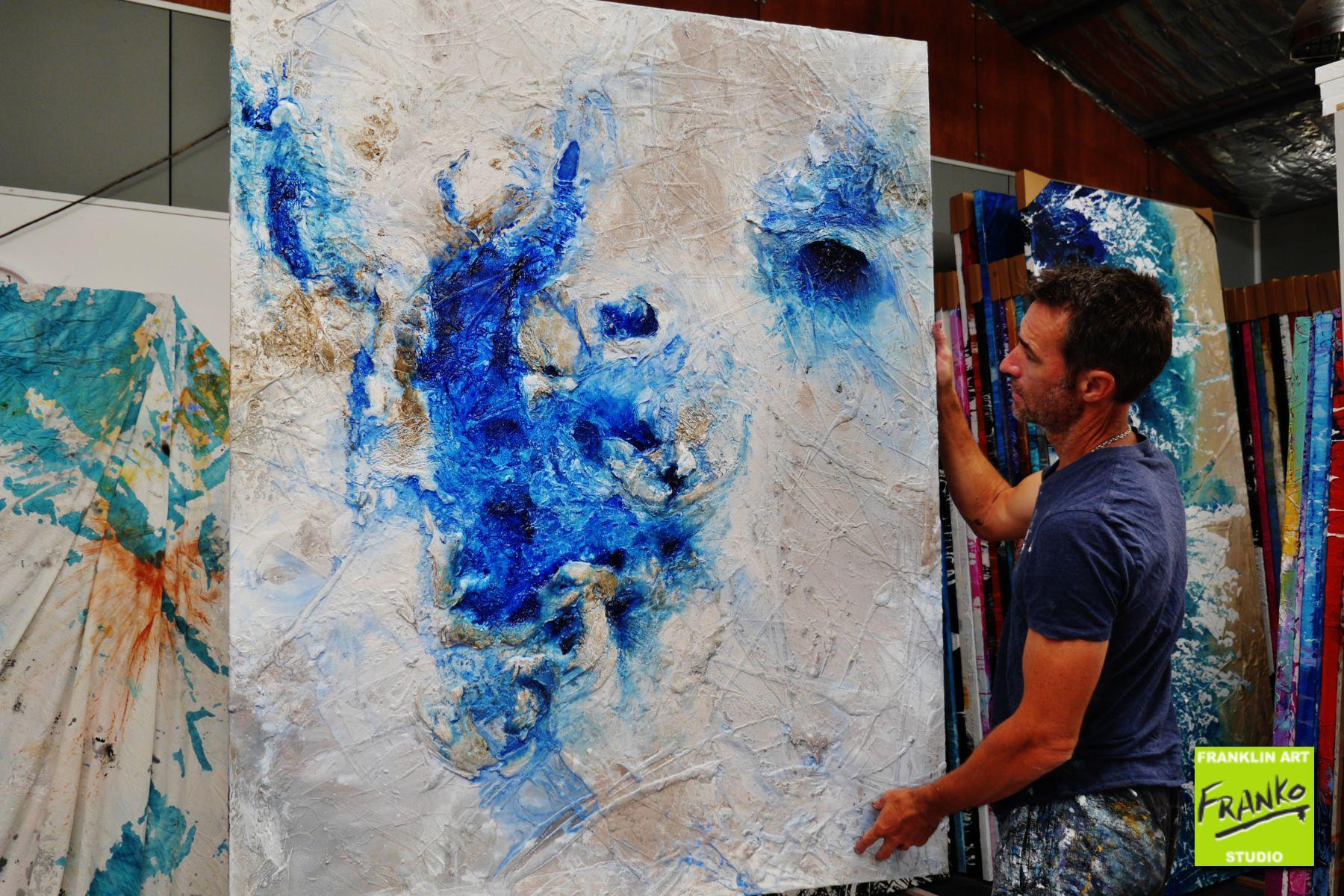 120cm x 150cm White Blue Textured Abstract Canvas Painting - Modern Wall Art for Living Room, Bedroom & Office Decor