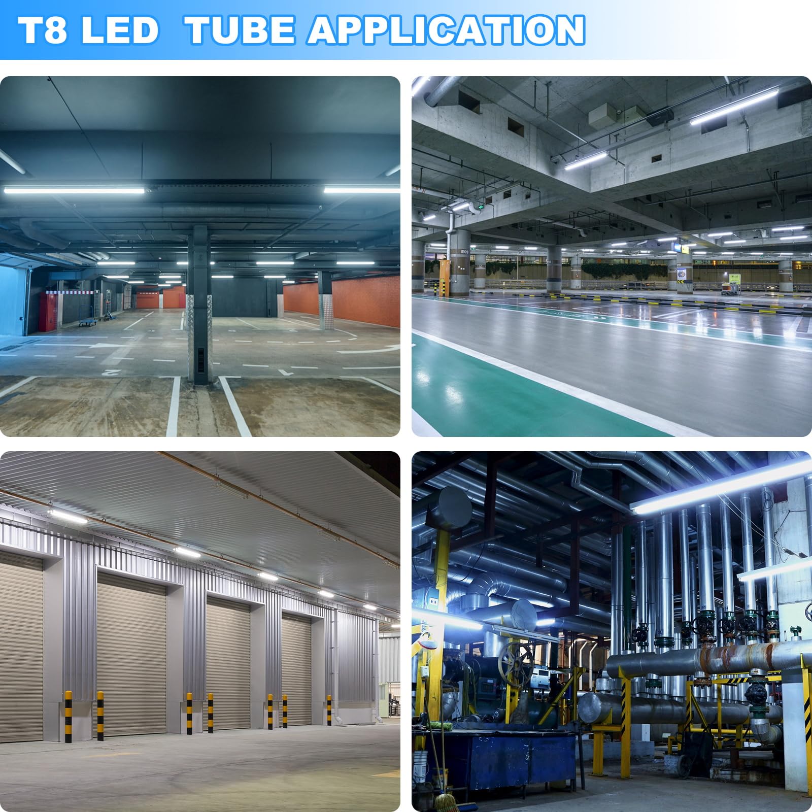 8FT LED Shop Light 8 Pack - 6000K Daylight White, 72W 11520LM High Output T8 LED Tube Lights with Plug & Play Installation, Hanging/Surface Mount Linkable Fixture for Garage, Warehouse, Workshop & Basement Lighting
