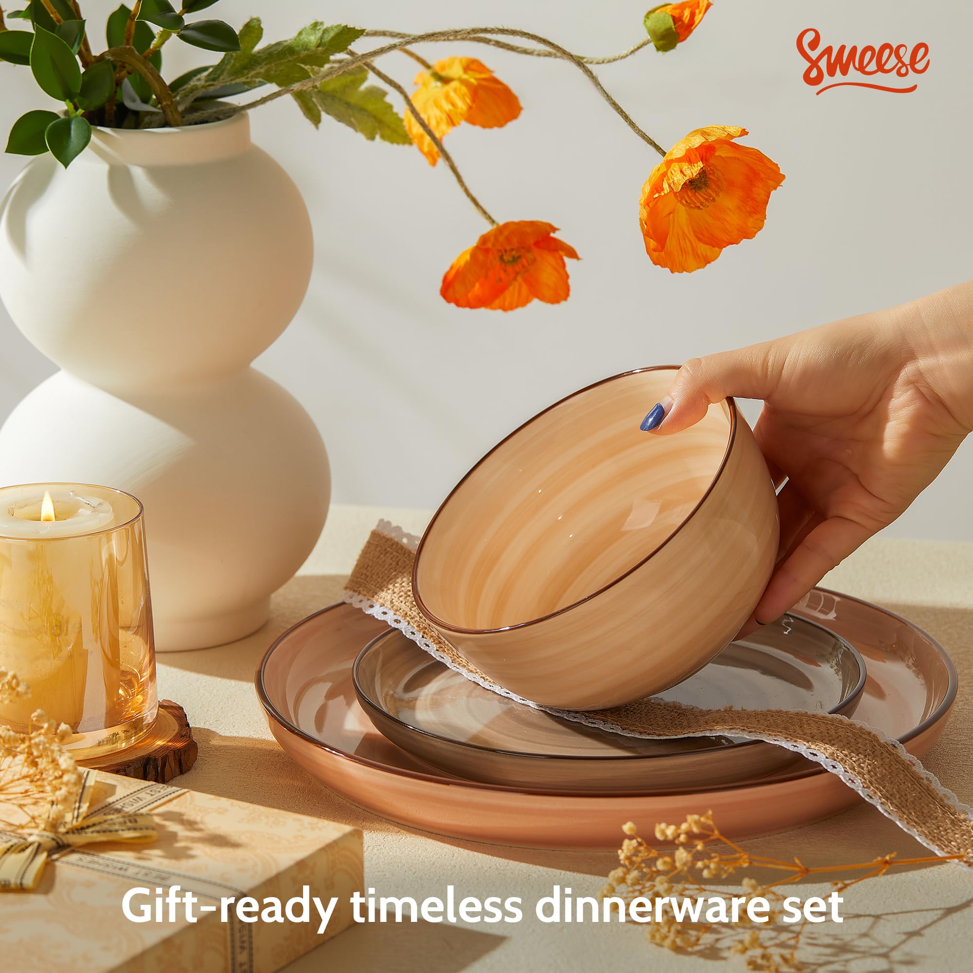 Sweese 18-Piece Porcelain Dinnerware Set - Round Plates & Bowls for 6, Microwave & Dishwasher Safe, Scratch-Resistant Hand-Painted Swirl Design | Perfect for Family Dinners, Entertaining Guests & Everyday Use