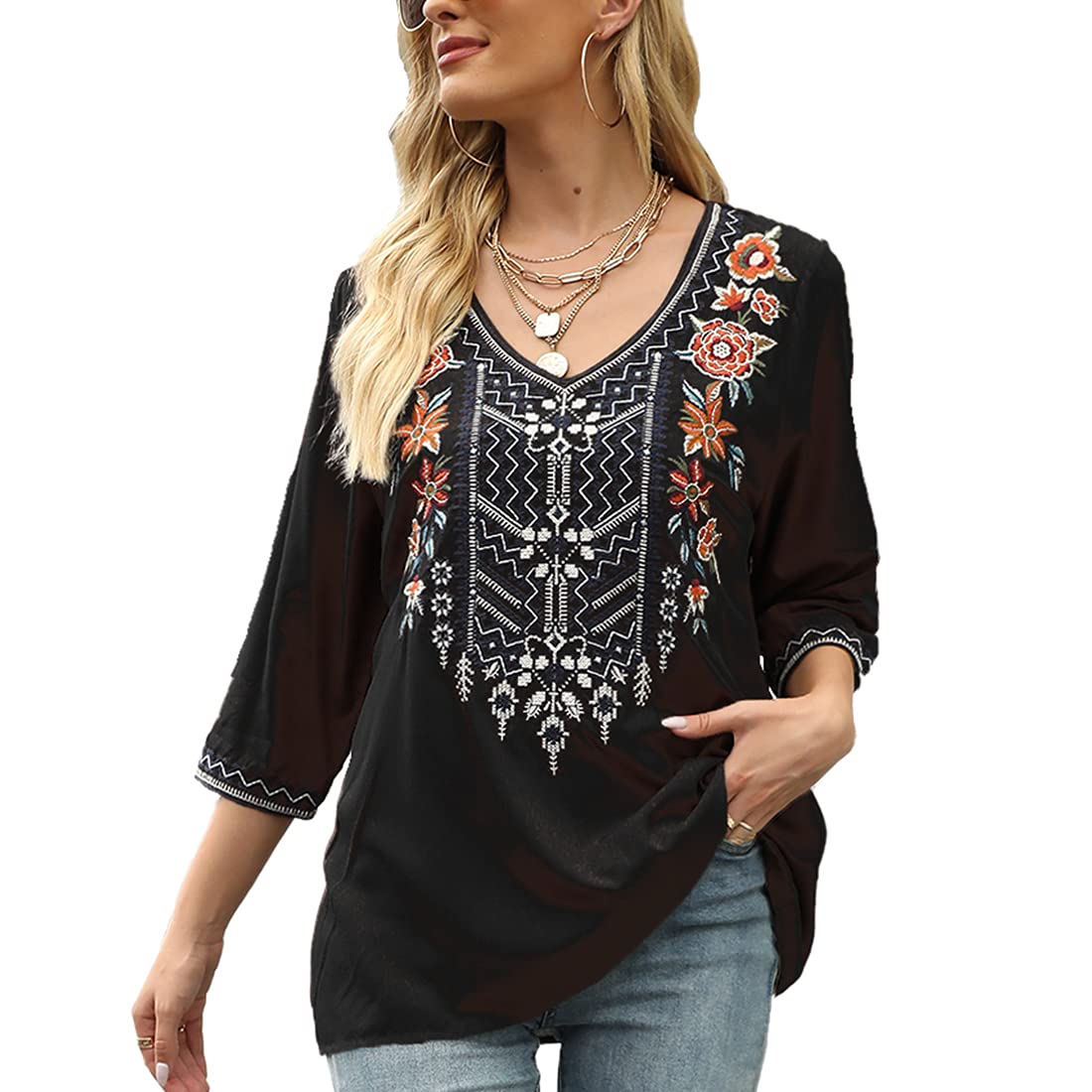 AK Women's Embroidered 3/4 Sleeve V-Neck Peasant Blouse - Traditional Mexican Tunic Top for Casual Wear & Festive Occasions