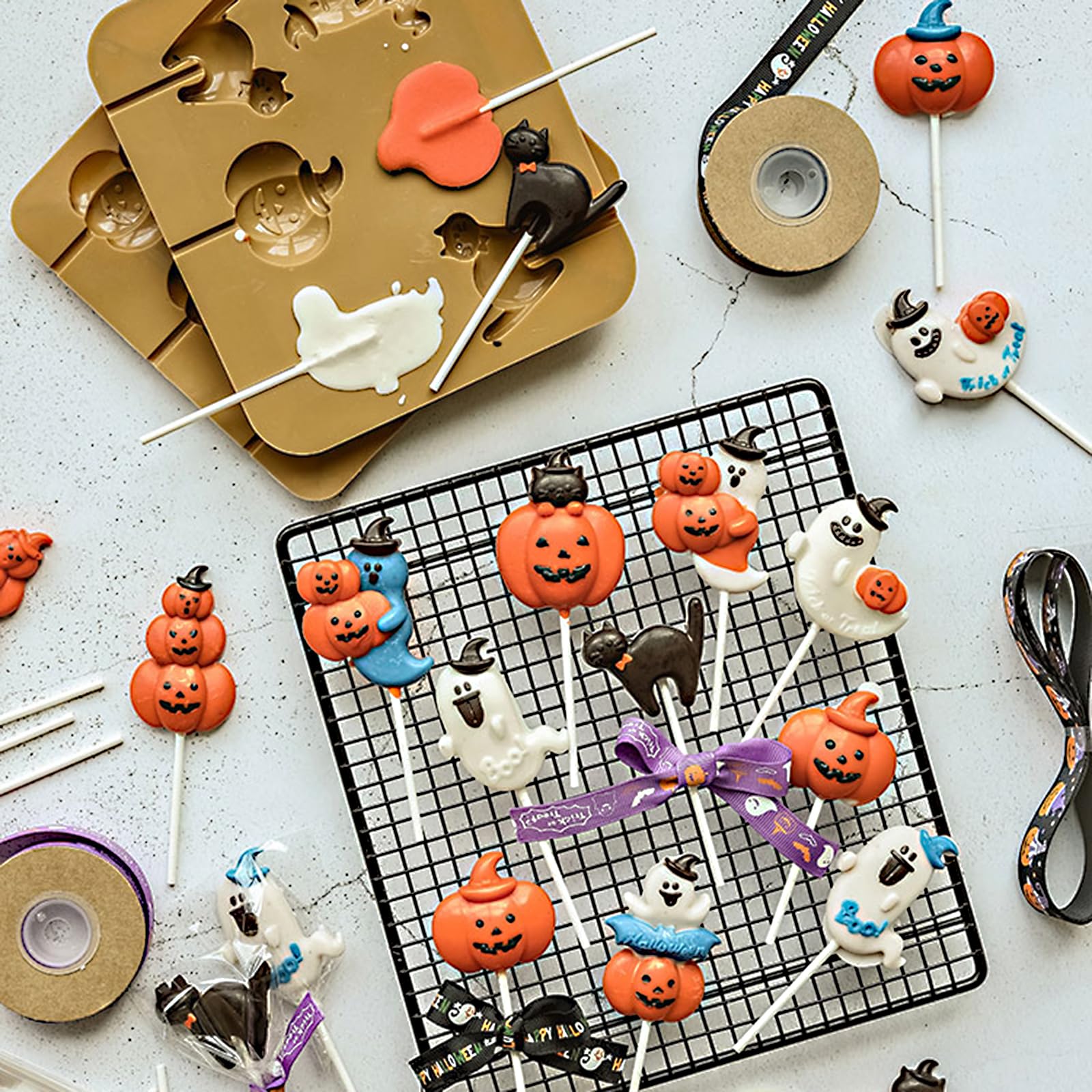 Halloween Silicone Candy Molds 2 Pack - Pumpkin, Ghost & Cat with Hat Chocolate Molds for Cake, Cupcake Decorations - Perfect for Halloween Parties, DIY Treats & Holiday Baking