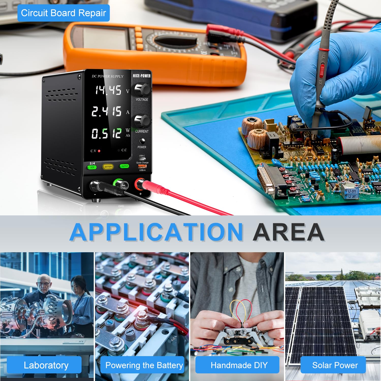 NICE-POWER 30V 10A 300W Adjustable DC Power Supply with Encoder - Variable 6V/12V/24V Output for LiFePO4 Lithium Ion Battery Charging, Lab Bench Power Supply with Quick Charge Port & OCP Protection - Perfect for Electronics Testing, DIY Projects, and Battery Maintenance