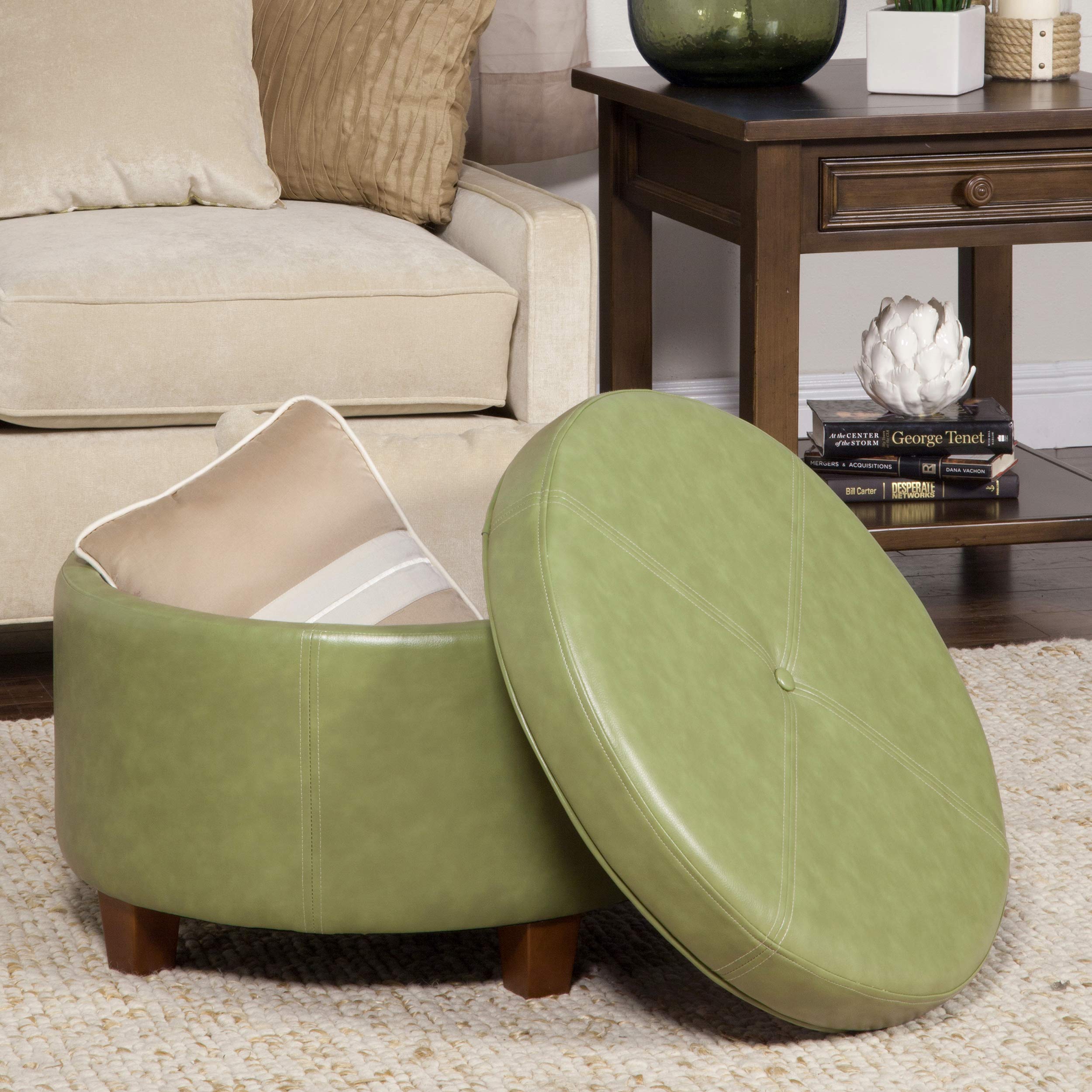 HomePop Large Round Leatherette Storage Ottoman with Lift-Top Lid in Moss Green - Perfect for Living Room, Bedroom & Home Organization
