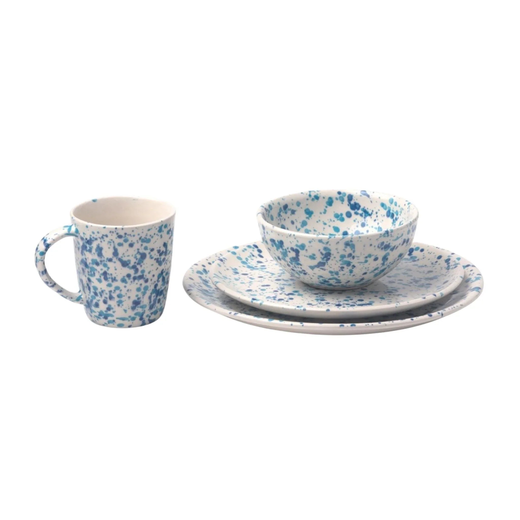 Blue and White Splatter Design Ceramic Dinnerware Set - 16-Piece Porcelain Plates, Bowls & Mugs for Modern Dining, Kitchen & Restaurant Use