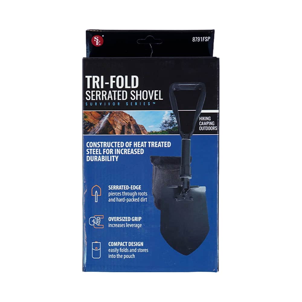 Premium Black Tri-Fold Serrated Shovel with Carrying Case - 23 Inch Heavy Duty Camping Shovel for Hiking, Survival Kit & Outdoor Adventures