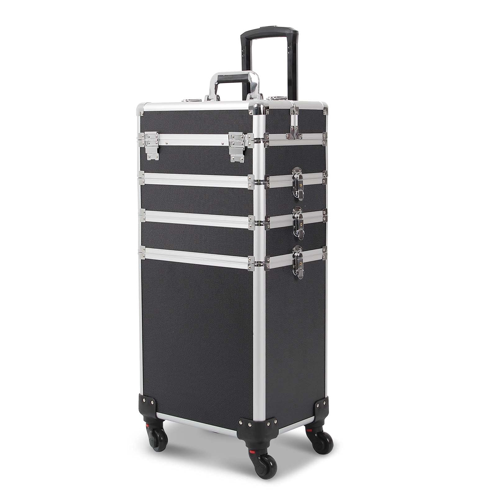 Kcelarec 4-in-1 Rolling Makeup Train Case - Large Capacity Cosmetic Trolley with Swivel Wheels & Lock, Professional Salon & Barber Travel Organizer (Black) | Perfect for Mobile Makeup Artists, Salon Professionals & Traveling Cosmetologists