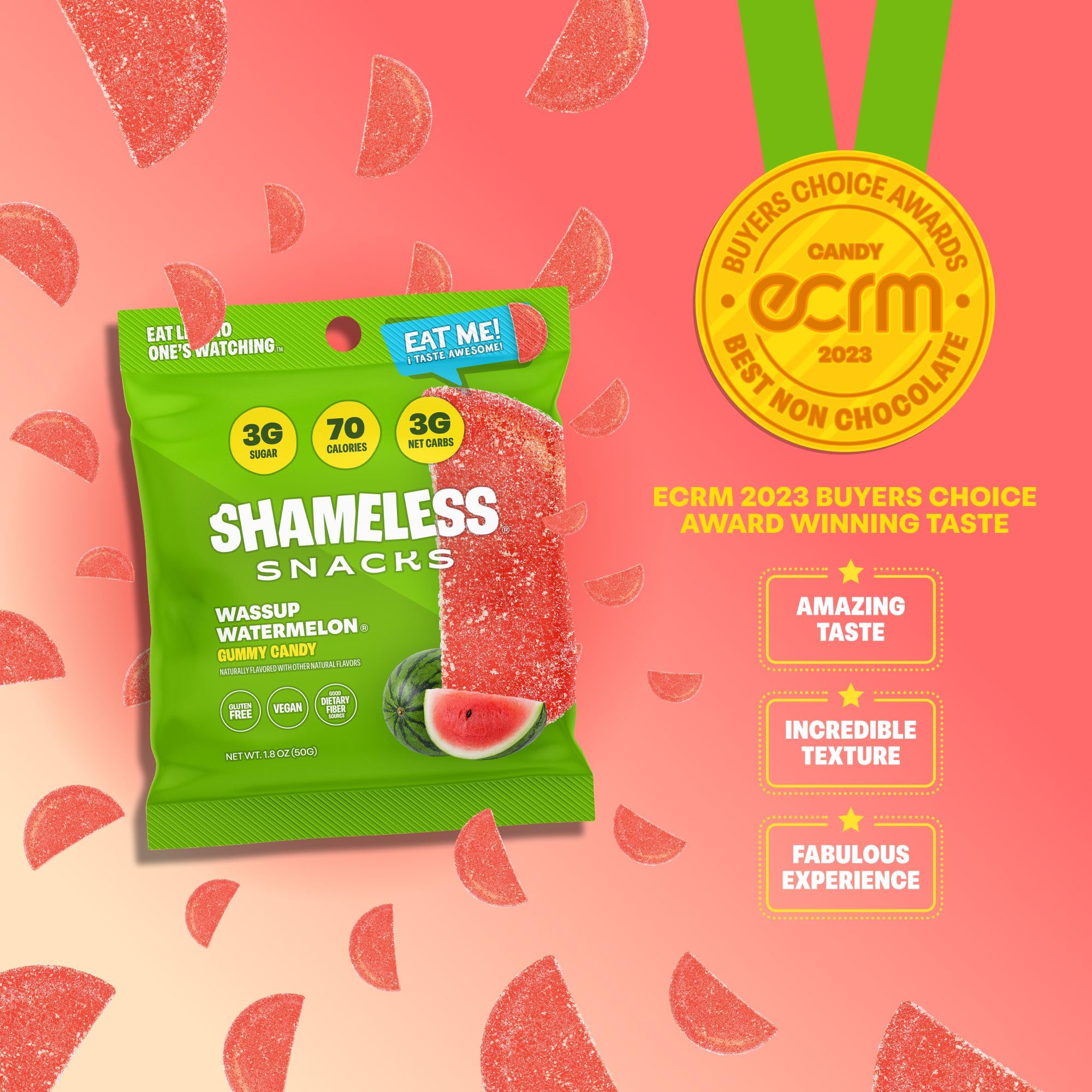Shameless Snacks - Healthy Low Calorie Keto Gummies, Sugar Free & Gluten Free Candy - 6 Pack Wassup Watermelon Flavor | Perfect for Weight Loss, Keto Diet & On-the-Go Snacking