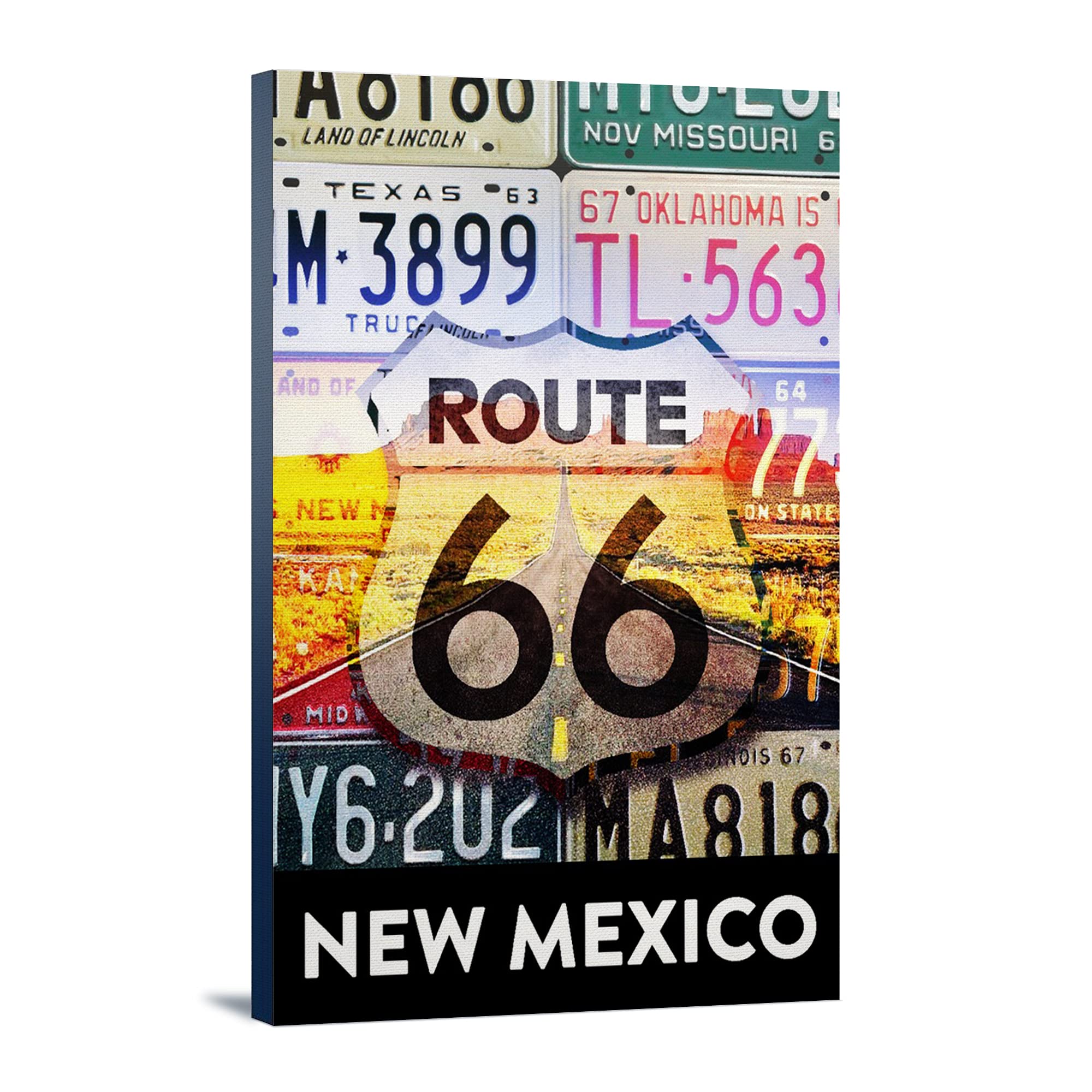 Vintage New Mexico Route 66 License Plates Wall Art - 24x36 Gallery Wrapped Canvas Print - Perfect for Home, Office & Man Cave Decor