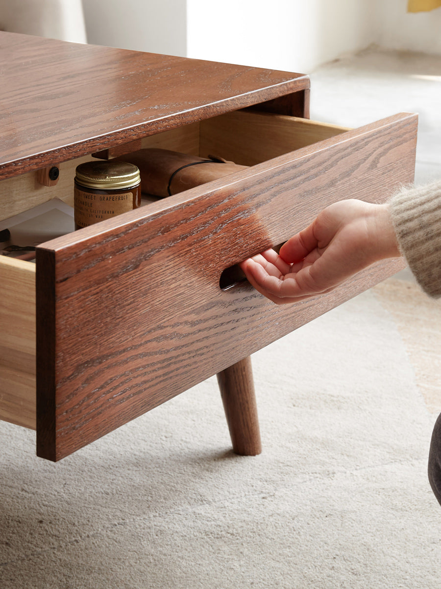 Solid Oak Wood Two-Drawer Coffee Table - Walnut Finish | Rustic Living Room Furniture for Home Decor & Storage