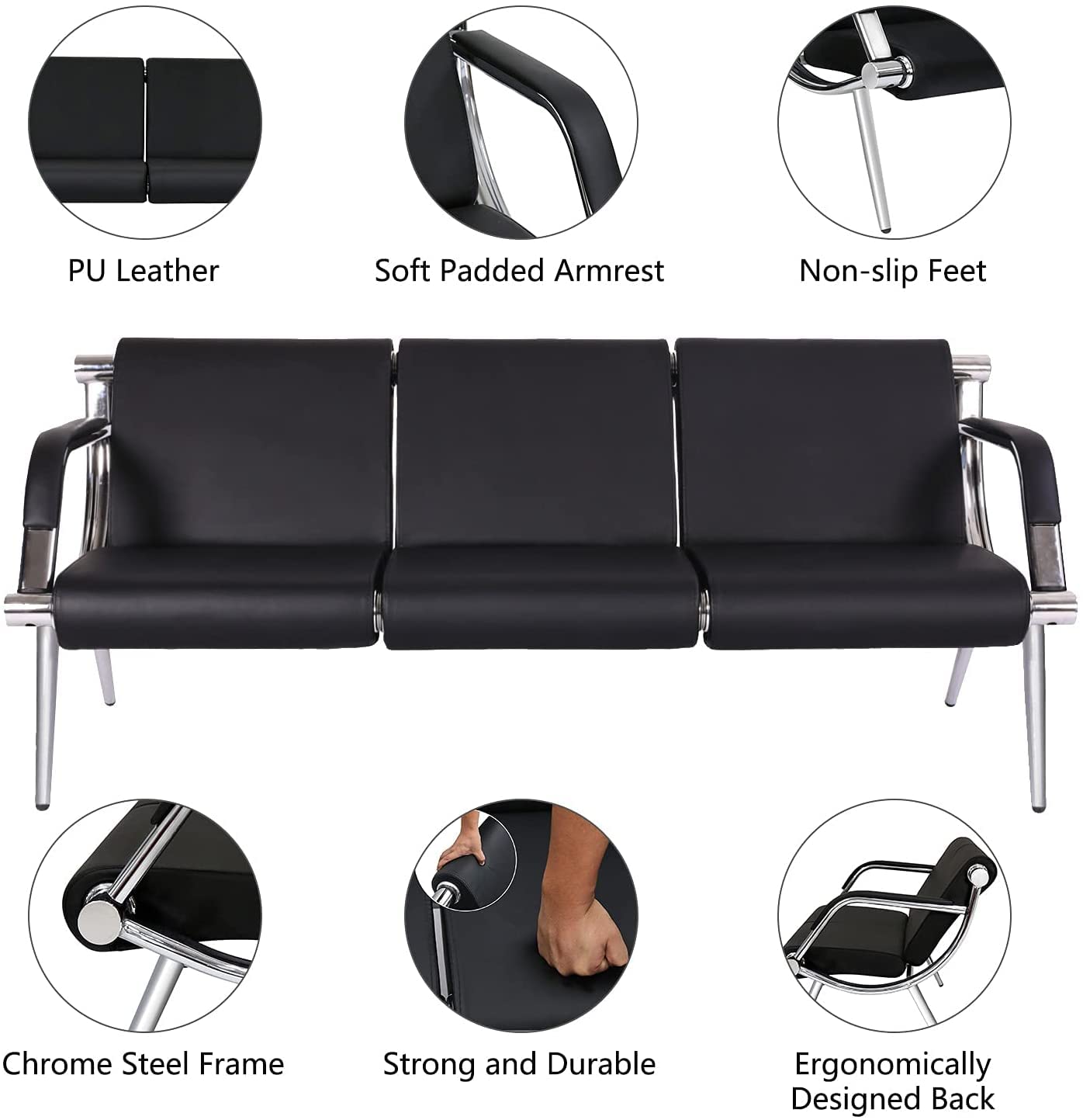 Kinfant 5-Seat Waiting Room Sofa Set - PU Leather Office Reception Chairs with Armrests for Waiting Areas, Airport Lounges, Hospitals & Banks (Black) - Durable Commercial Furniture for High-Traffic Public Spaces