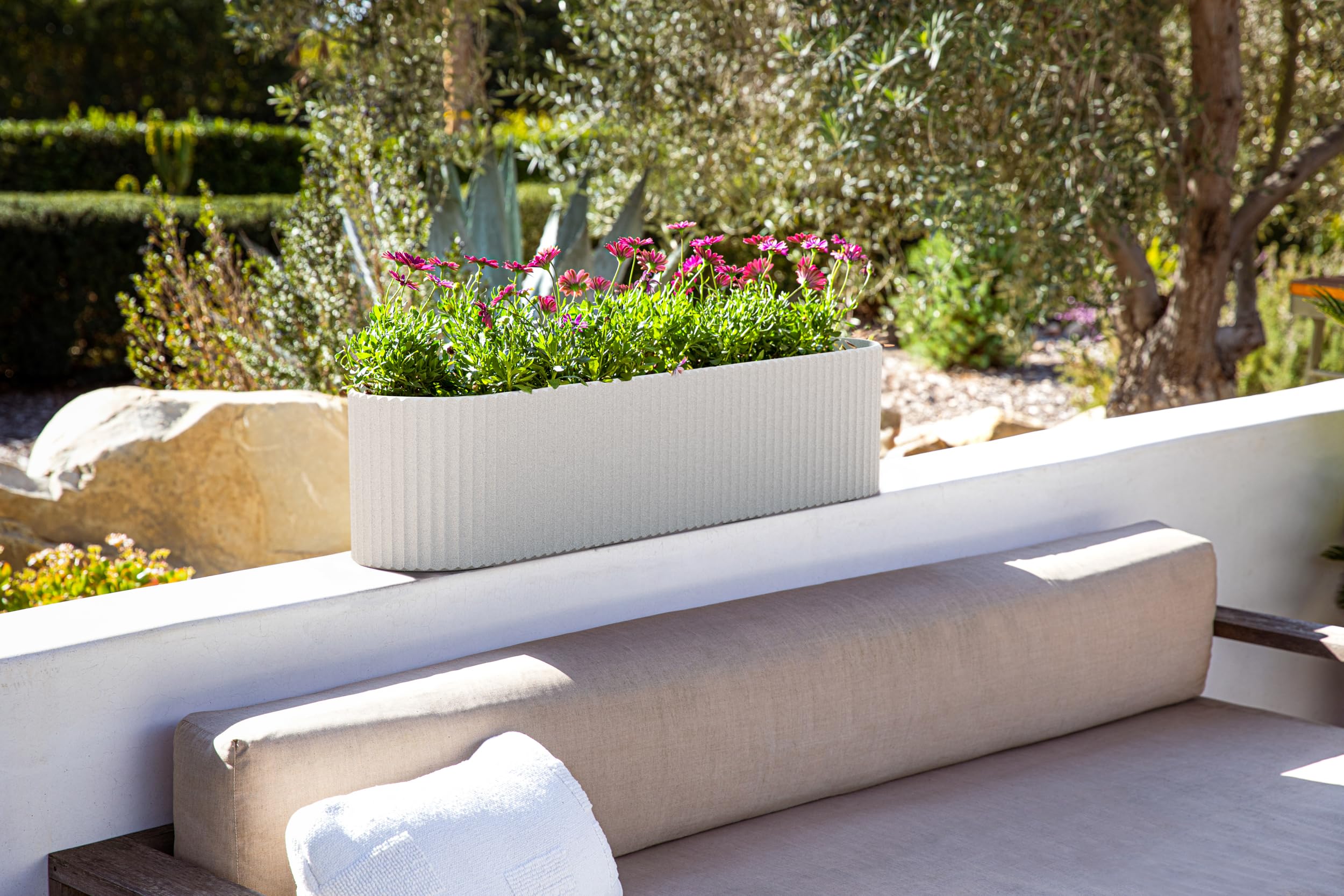 Veradek Demi Series Window Box Planter - 24 Inch Long Outdoor Planter Box for Windowsill, Balcony, Railing | Durable Crack-Resistant Plastic & Concrete Material | Modern Flower Pot for Herbs, Succulents, Flowers | Perfect for Home, Apartment, and Garden Decor