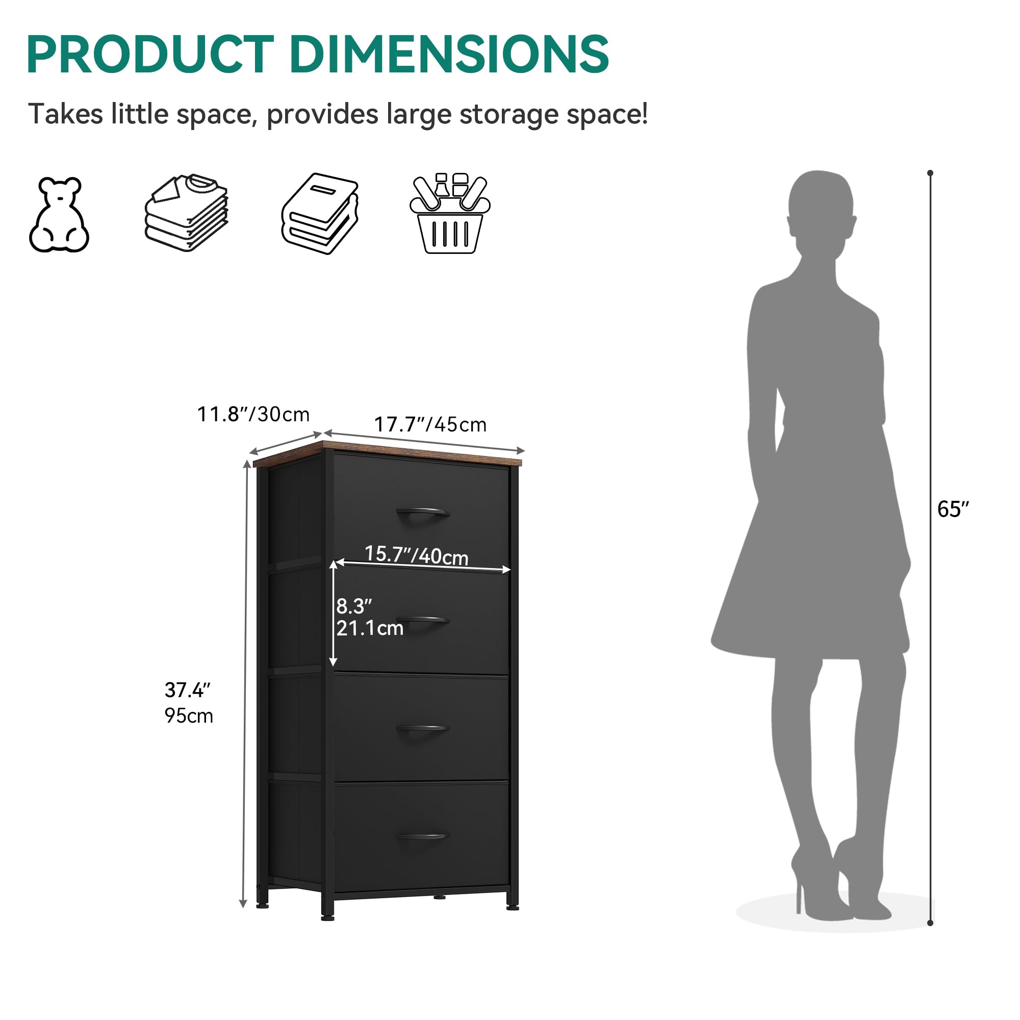 YITAHOME 4-Drawer Fabric Dresser Storage Cabinet with Sturdy Steel Frame & Wooden Top - Space Saving Closet Organizer for Bedroom, Living Room, Hallway - Easy Assembly Fabric Bins (Gray) - Perfect for Small Space Organization & Home Decor