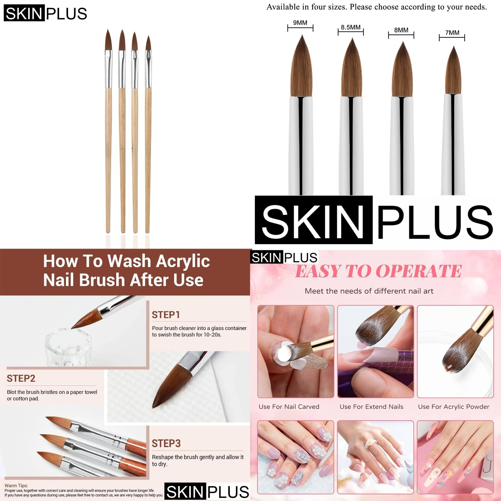 SKINPLUS Professional Acrylic Nail Brush Set - 4pcs Wooden Handle UV Gel Painting Pens for Nail Art Design | Perfect for Salon, Home Manicure & DIY Nail Extensions
