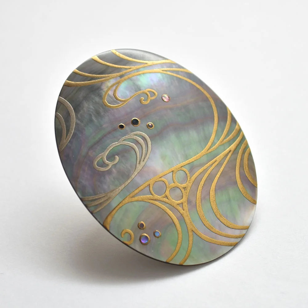 Handcrafted Maki-e Urushi Lacquer Brooch with Black Lip Oyster Pearl Shell - Traditional Japanese Jewelry - Flowing Water Design - Elegant Gift for Women - Perfect for Weddings, Tea Ceremonies & Special Occasions