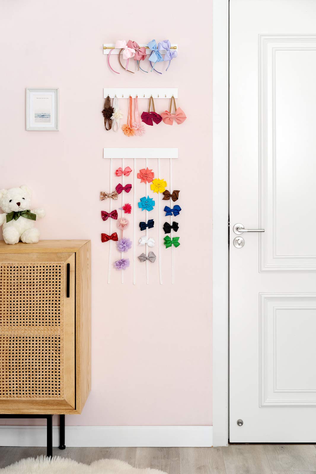 Mkono Girls Hair Bows Holder Organizer - Golden Metal Bar with 10 Hooks, Set of 3 Wooden Hair Clips Bow Storage Rack for Hair Accessories | Perfect for Bedroom, Bathroom, and Vanity Organization
