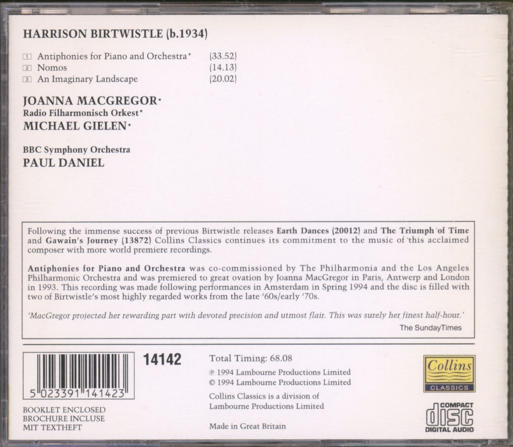 Birtwistle: Antiphonies for Piano and Orchestra / Nomos / An Imaginary Landscape - Classical Music CD for Piano Lovers & Orchestra Enthusiasts | Perfect for Study, Relaxation & Concert Preparation