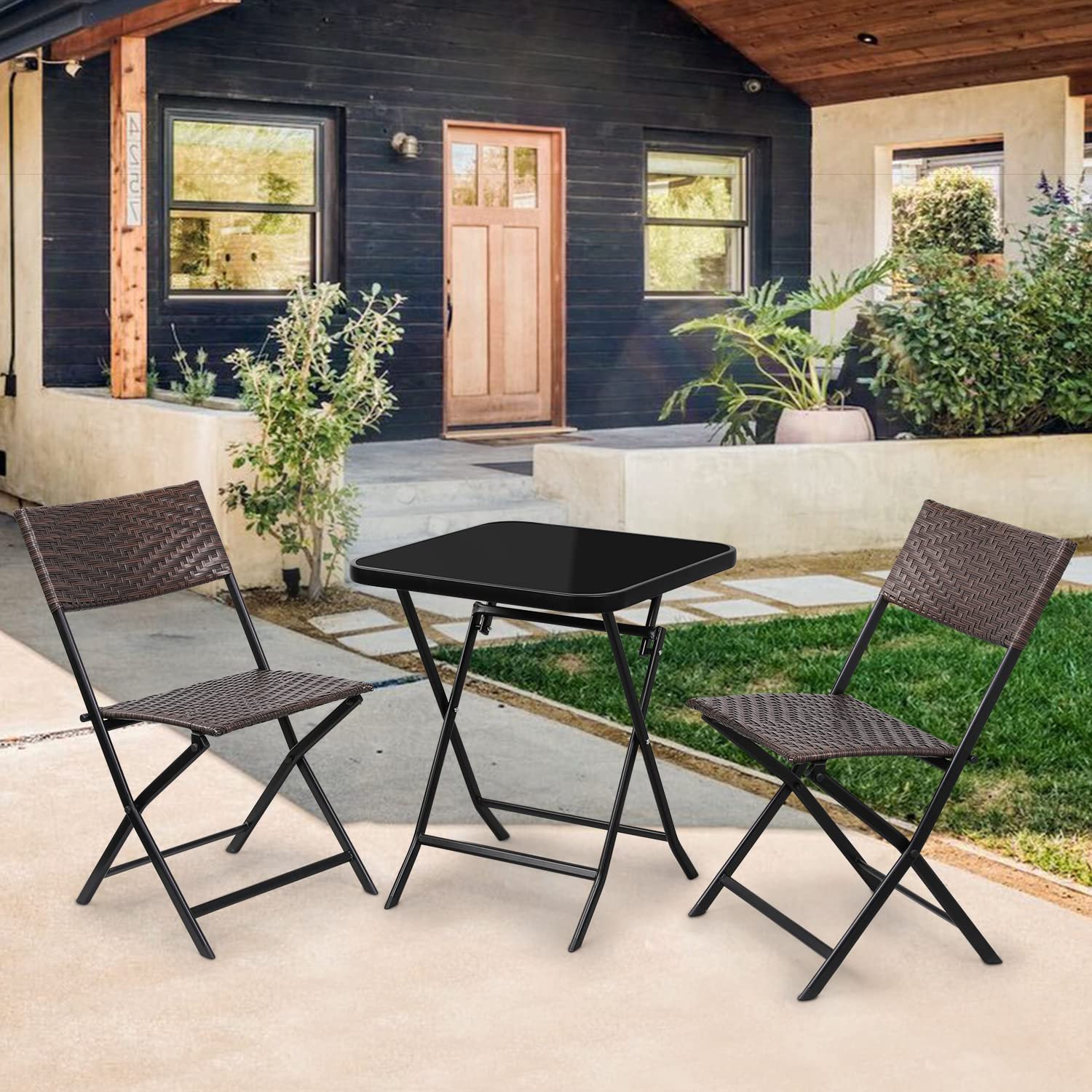 MoNiBloom 3-Piece Outdoor Bistro Set - 2 Foldable Rattan Chairs & Round Glass Top Table - Patio, Garden, Backyard Furniture for Relaxing & Dining Al Fresco