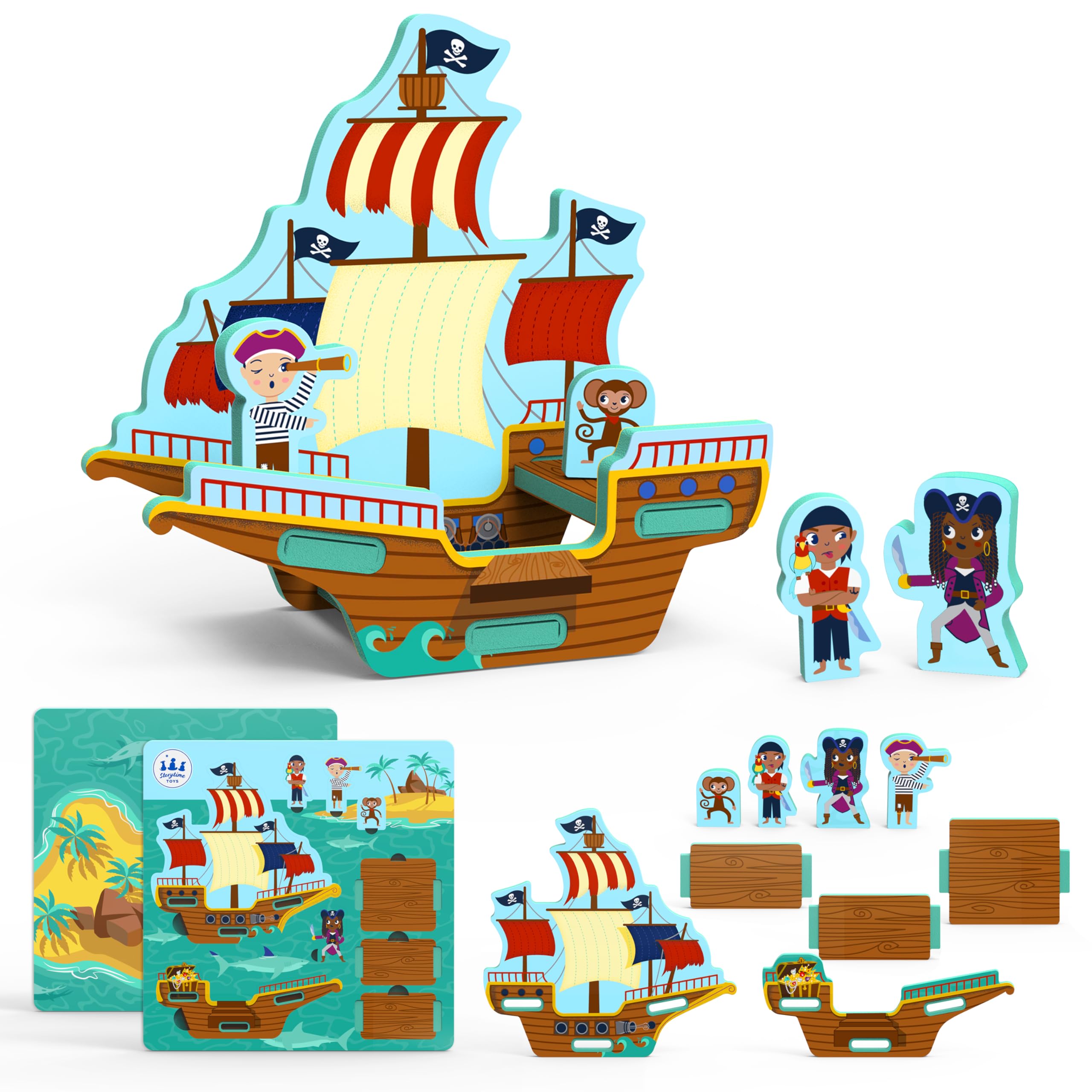 STORYTIME TOYS Pirate Ship Play Puzzle - Wooden Educational Toy for Kids Ages 3-6 | Interactive Learning Game for Preschoolers | Perfect for Imaginative Play, Birthday Gifts & Classroom Activities