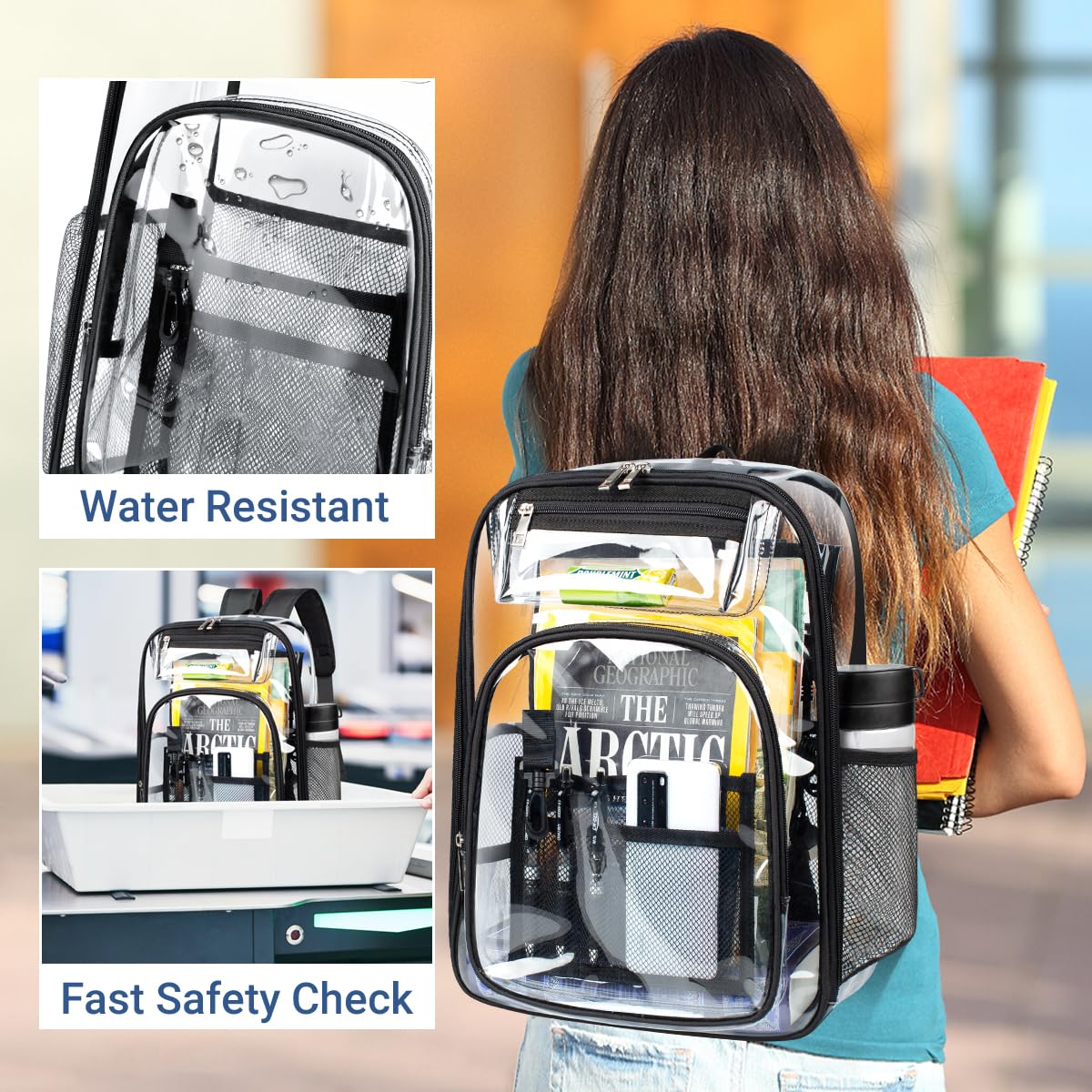 Clear Transparent Backpack with USB Charging Port - Heavy Duty PVC 15.6 Inch Laptop Backpack for School, Travel & Work - Stadium Approved See-Through Bookbag for Women, Men & Kids - Perfect for Security Checks, College & Outdoor Activities