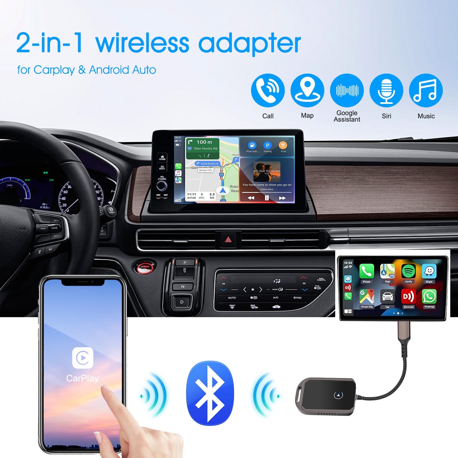 Wireless CarPlay & Android Auto Adapter - 2-in-1 Plug & Play Dongle for iPhone & Android - Convert Wired to Wireless - Compatible with iOS 10+ & Android 11+ - Perfect for Hands-Free Driving & Seamless Music Streaming