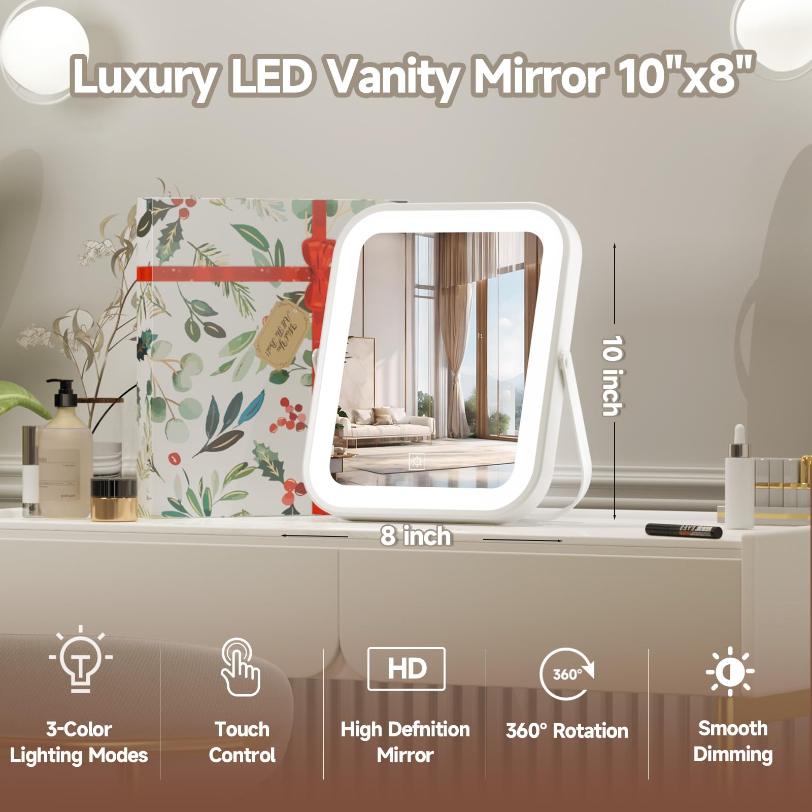 PRIMETEK 10x8 LED Vanity Mirror with 3-Color Lights & 5X Magnification - Portable for Travel, Bedroom & Gifts