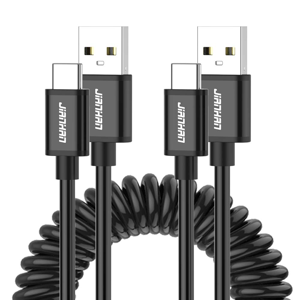 2-Pack 4ft Coiled USB C Fast Charging Cable for Car - Spring USB Type C Charger Compatible with Samsung Galaxy S10/S9/S8/Note 8/9, LG G7/G6/G5, Google Pixel 2 - Durable & Tangle-Free (Black) - Perfect for Road Trips & Daily Commuting