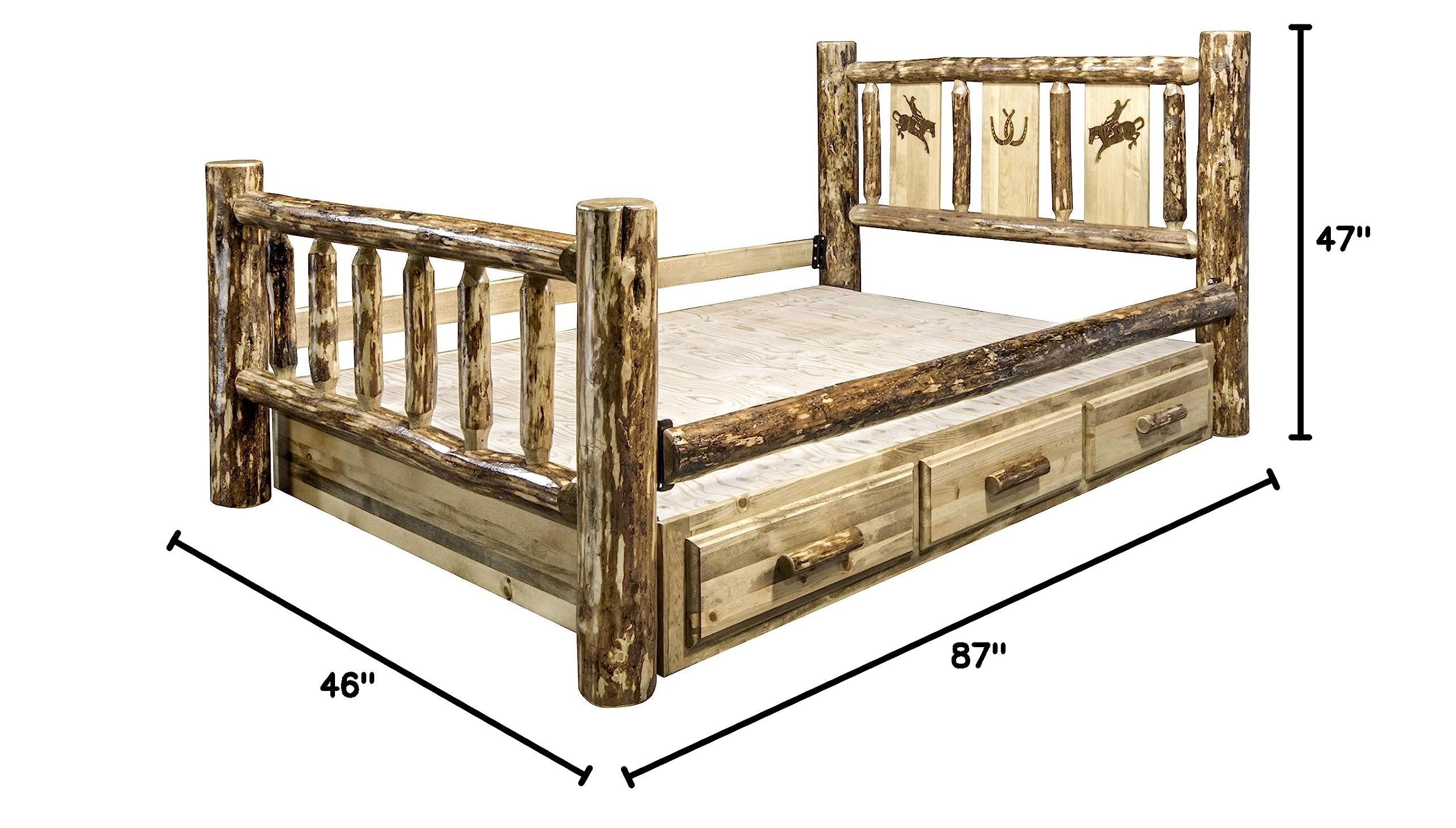 Montana Woodworks Twin Storage Bed with Laser Engraved Bronc Design - Rustic Wooden Platform Bed Frame with Underbed Drawers - Perfect for Kids Rooms, Guest Bedrooms & Small Space Storage Solutions