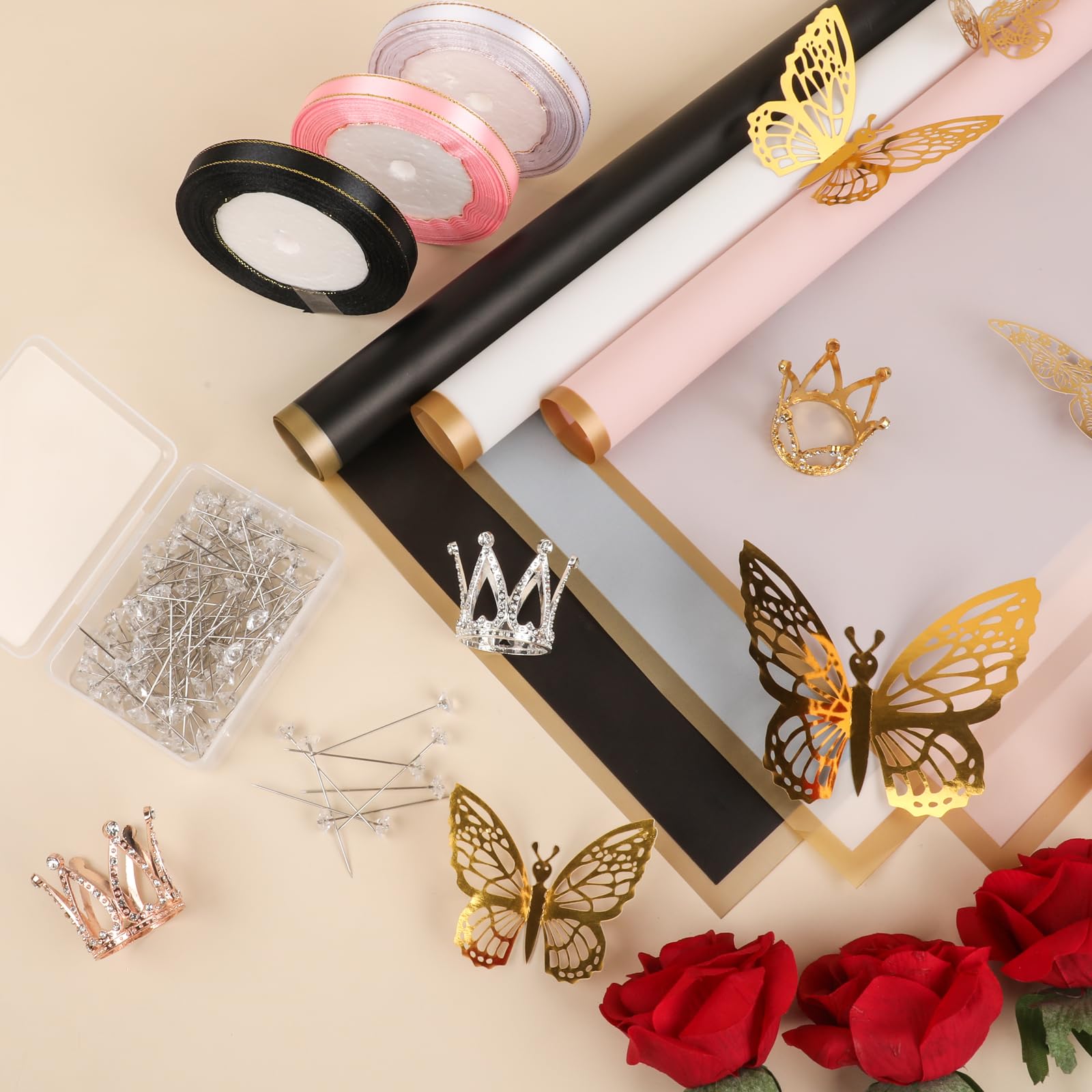 60 Sheets Floral Wrapping Paper Set - 3 Elegant Colors (Black, Rose Pink, White) for Wedding Bouquets, Birthday Gifts & Special Occasions | Includes 3 Rolls Ribbon, 3D Butterflies & Crown Accents | Perfect for Flower Arrangements, Gift Wrapping & DIY Craft Projects